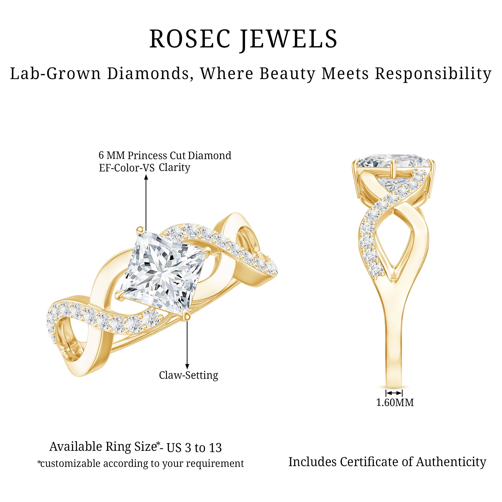 Lab Diamond Crossover Ring with Side Stones Lab - ( EF-VS ) - Rosec Jewels