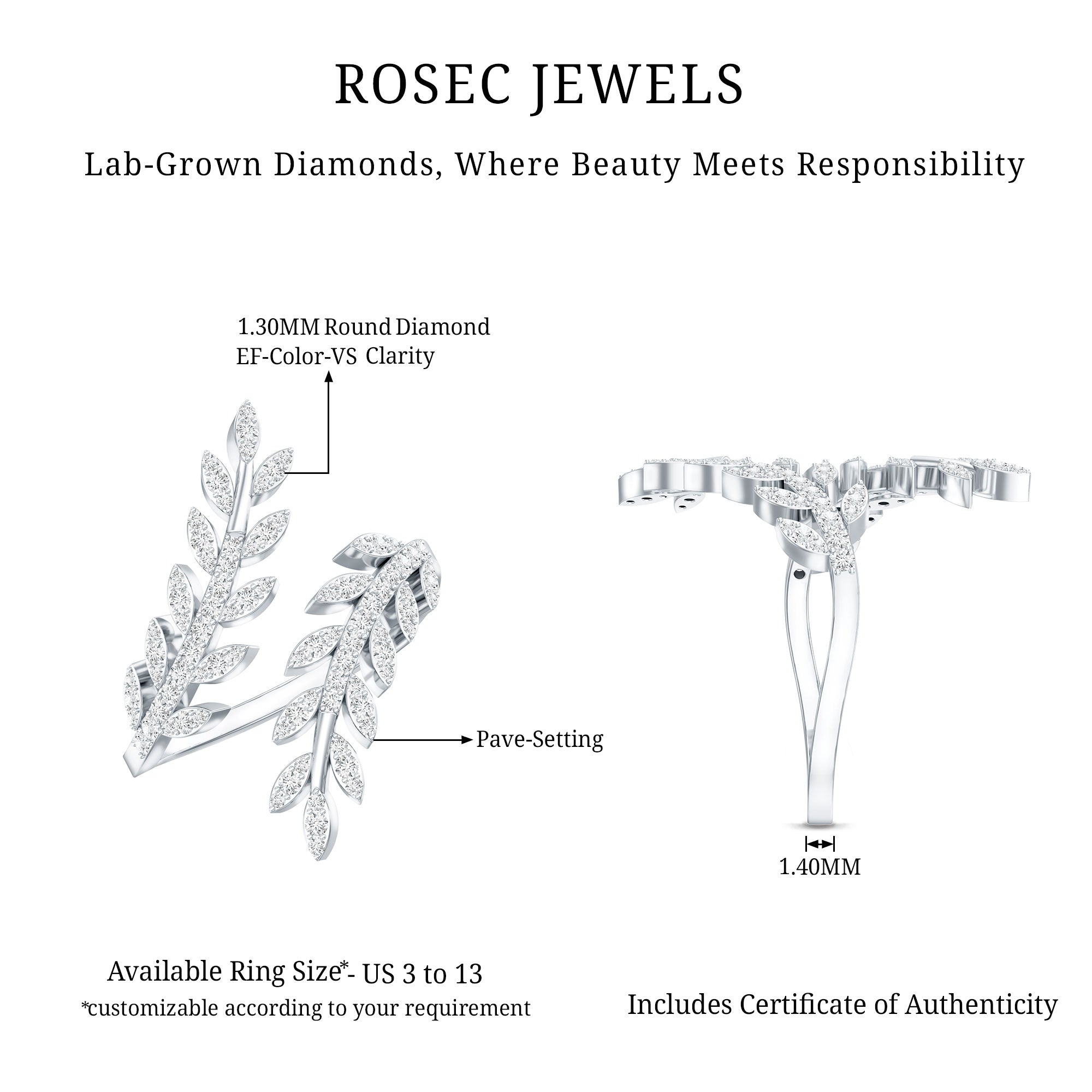 Certified Nature inspired Lab Grown Diamond Cocktail Ring for Women Lab - ( EF-VS ) - Rosec Jewels