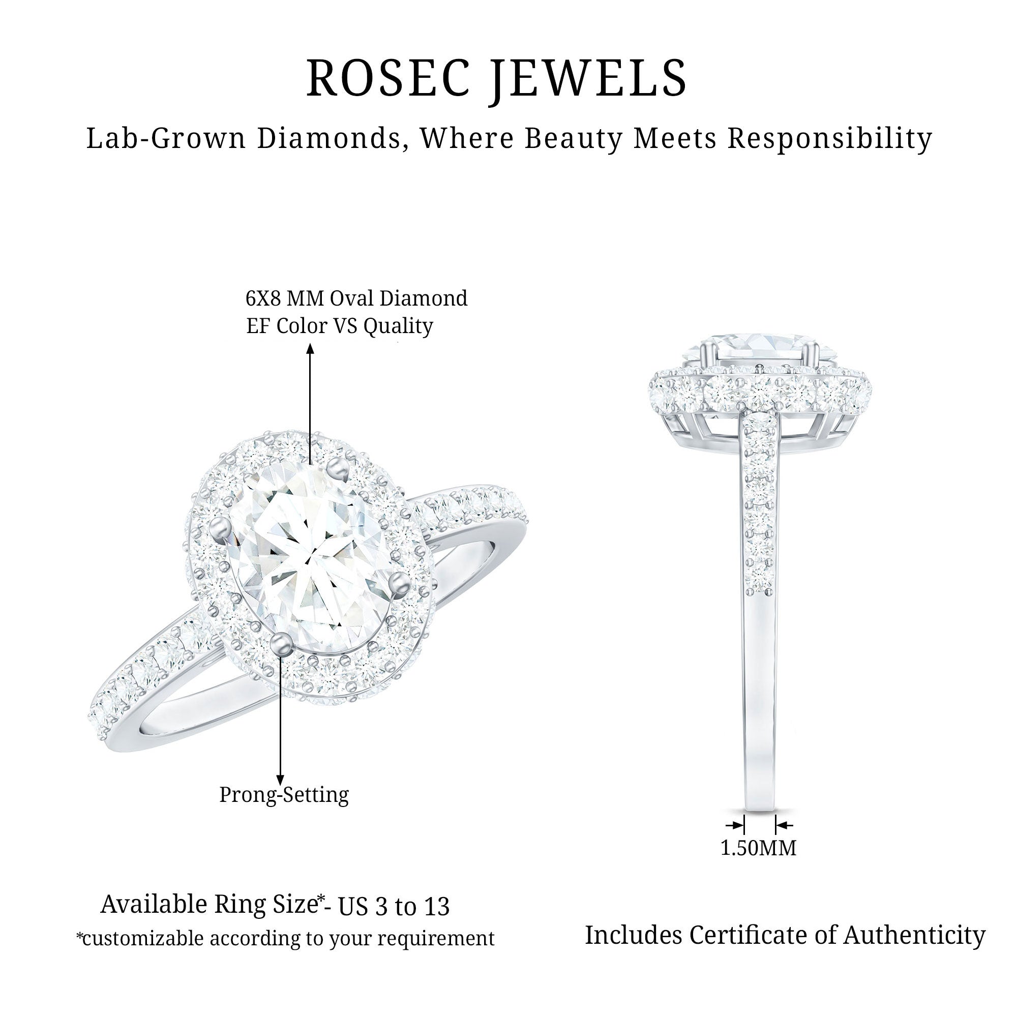 Certified 6X8 mm Lab Grown Diamond Oval Shape Engagement Ring Lab - ( EF-VS ) - Rosec Jewels