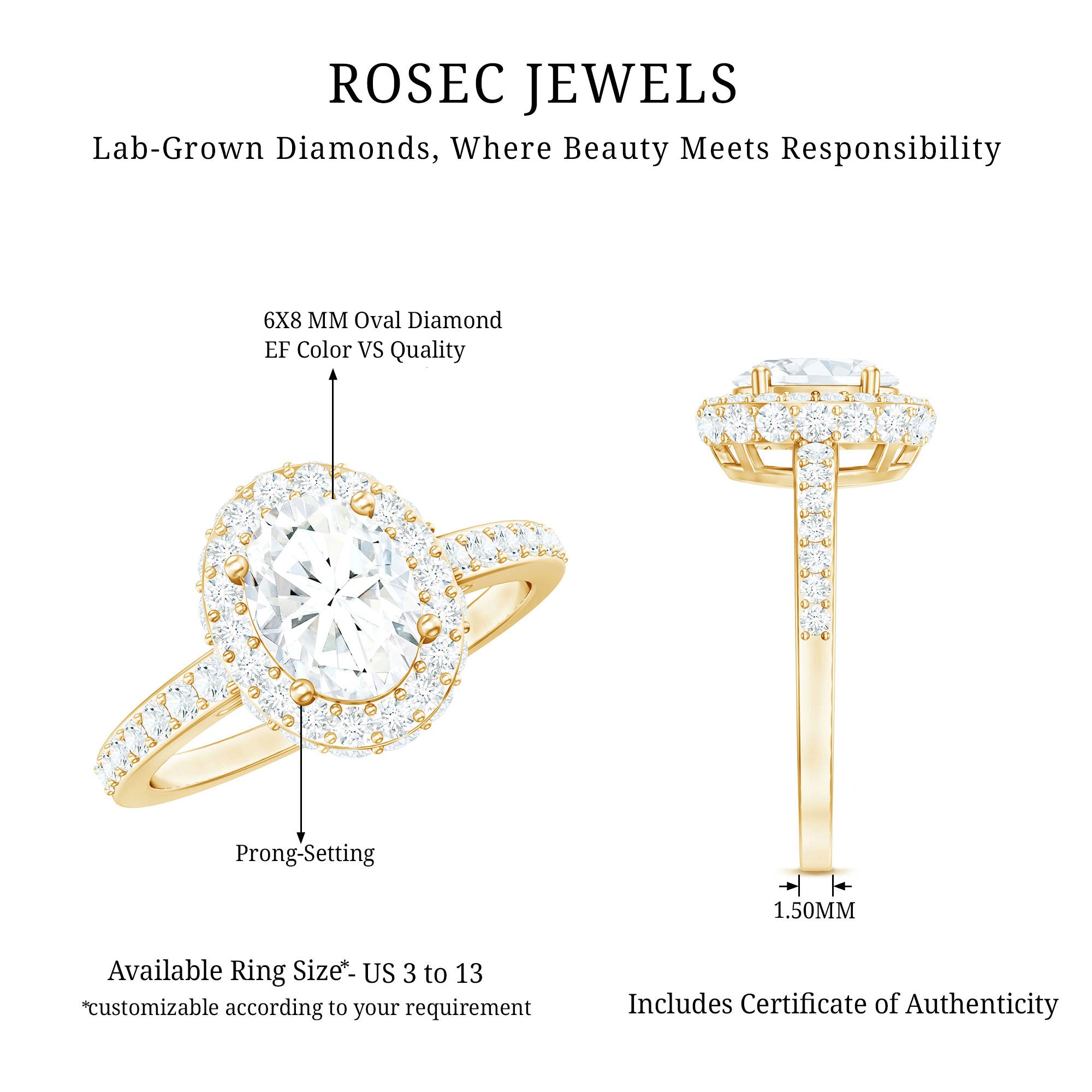 Certified 6X8 mm Lab Grown Diamond Oval Shape Engagement Ring Lab - ( EF-VS ) - Rosec Jewels