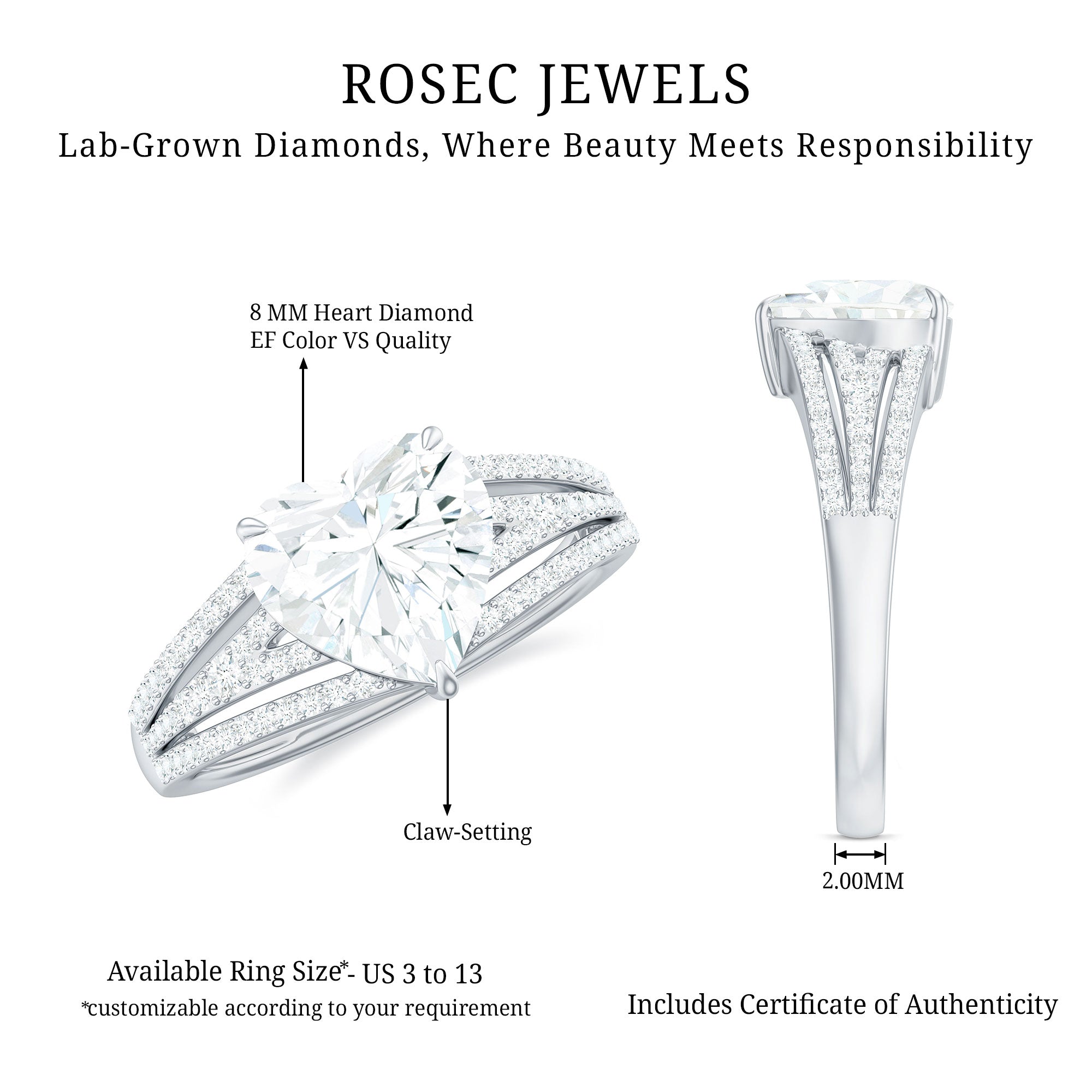 Rosec Jewels-2 Carat Lab Created Diamond Heart Engagement Ring