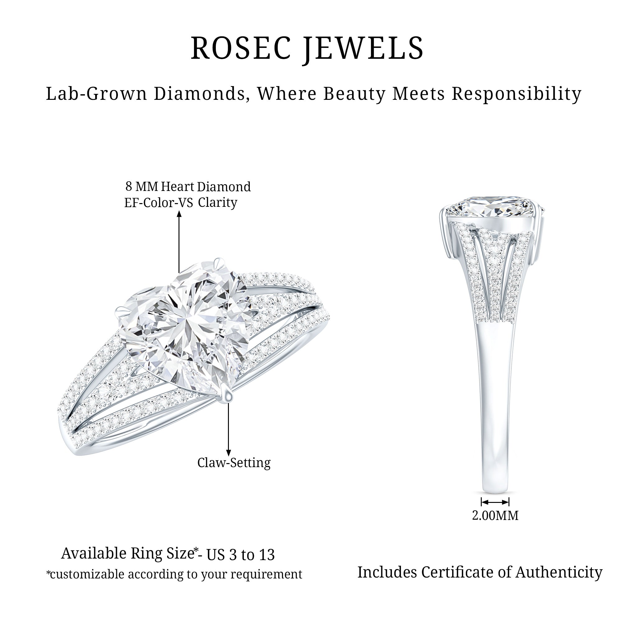 2 Carat Lab Created Diamond Heart Engagement Ring Lab - ( EF-VS ) - Rosec Jewels