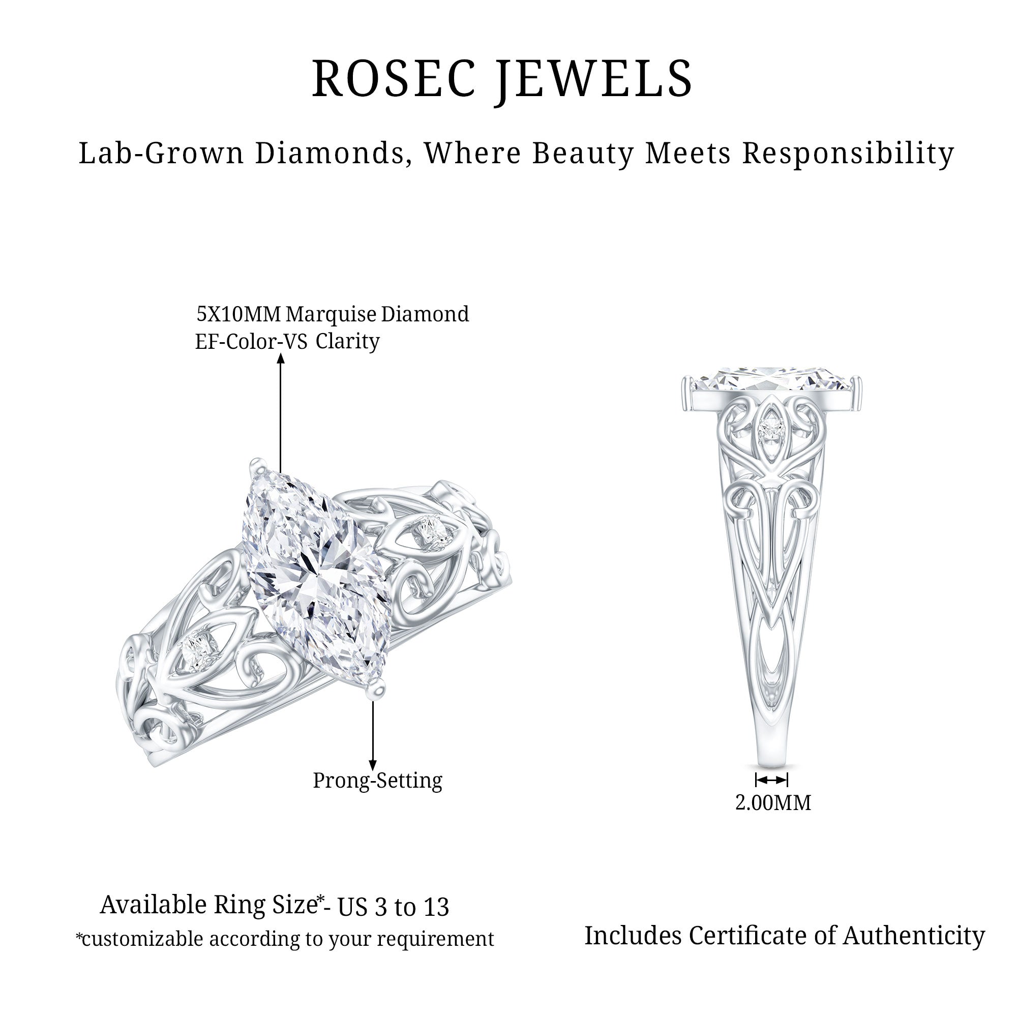 Marquise Cut Lab Grown Diamond Solitaire Filigree Engagement Ring Lab - ( EF-VS ) - Rosec Jewels