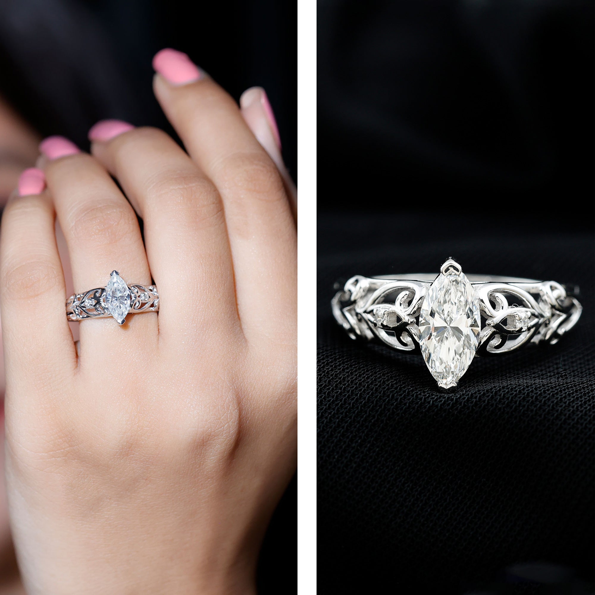 Marquise Cut Lab Grown Diamond Solitaire Filigree Engagement Ring Lab - ( EF-VS ) - Rosec Jewels