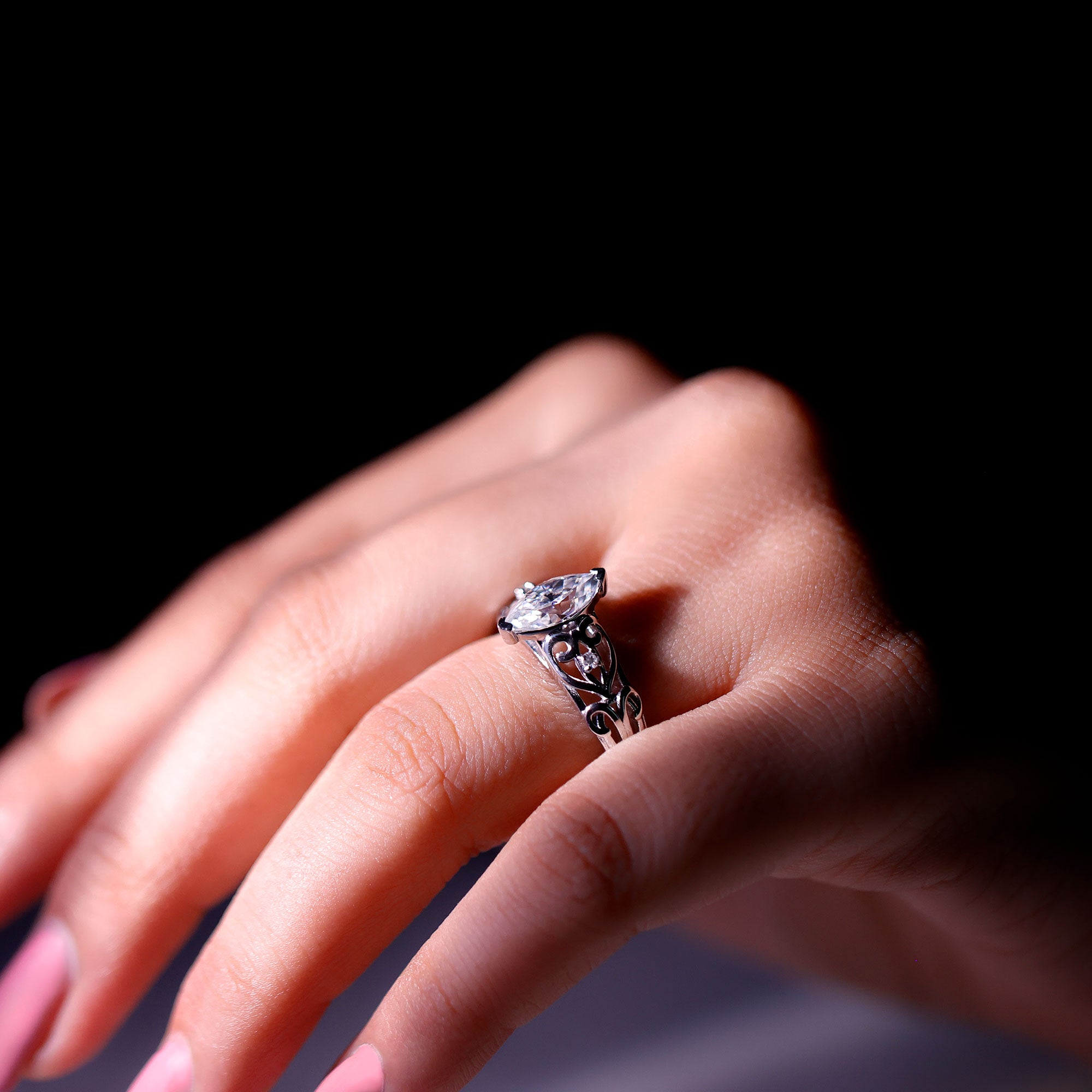 Marquise Cut Lab Grown Diamond Solitaire Filigree Engagement Ring Lab - ( EF-VS ) - Rosec Jewels