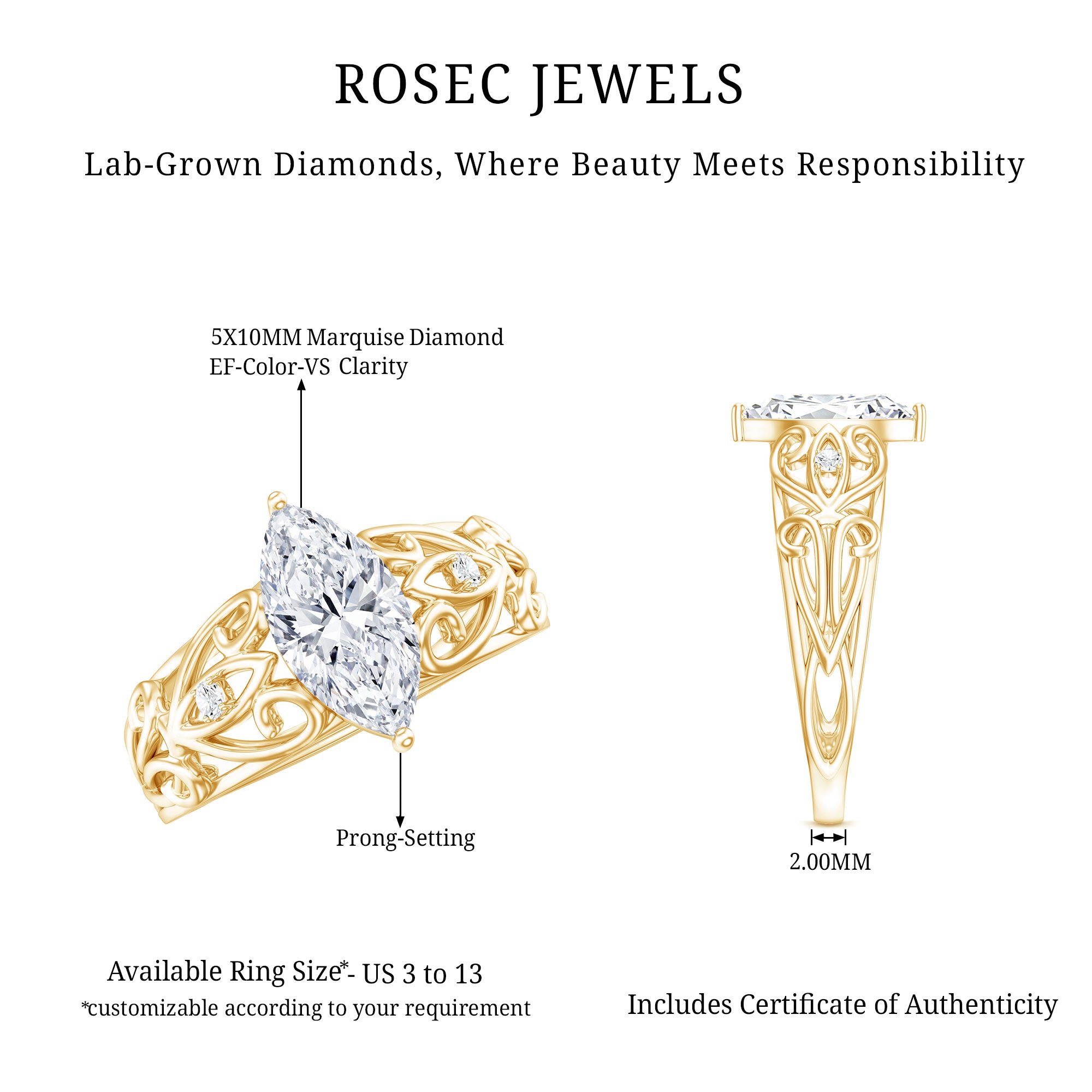 Marquise Cut Lab Grown Diamond Solitaire Filigree Engagement Ring Lab - ( EF-VS ) - Rosec Jewels