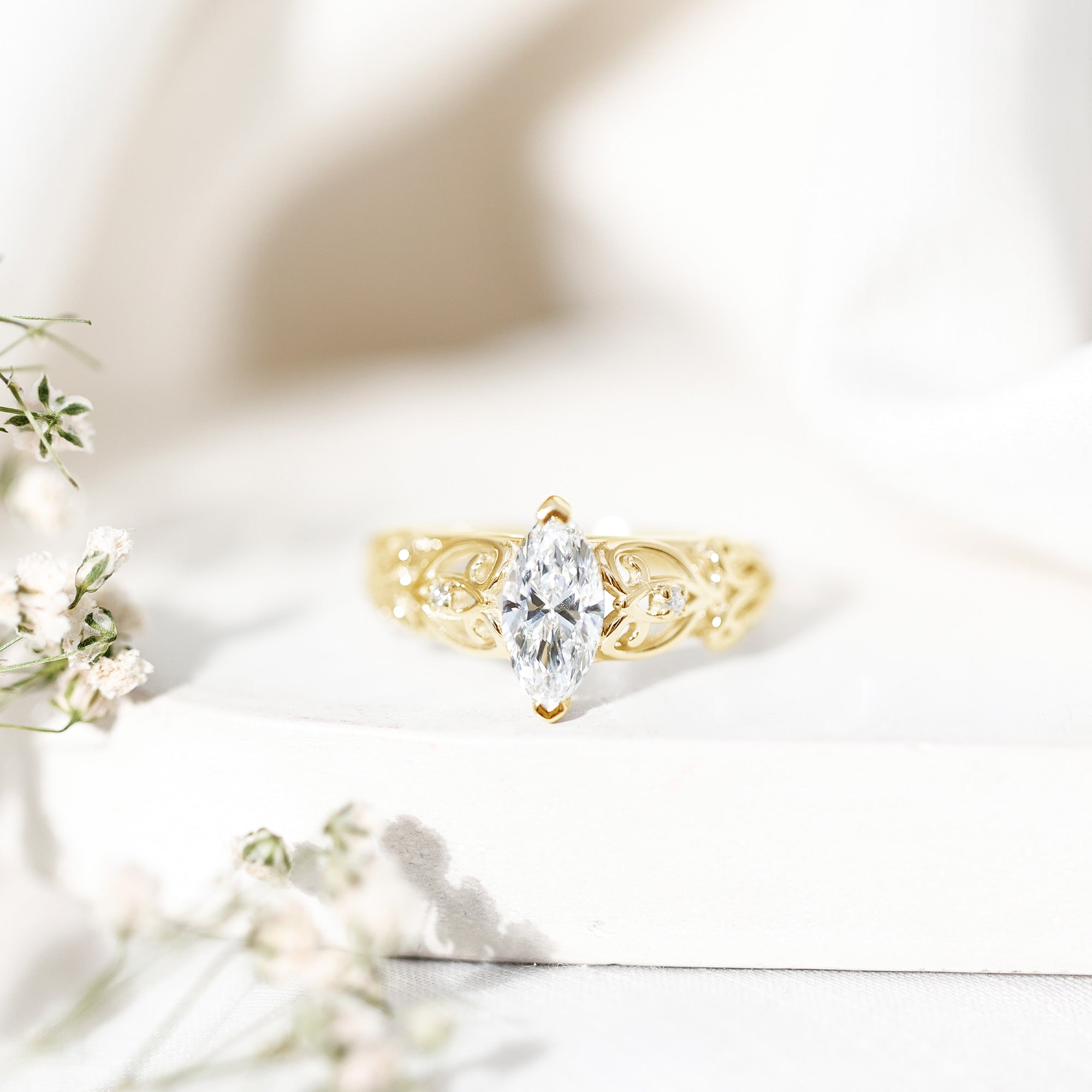 Marquise Cut Lab Grown Diamond Solitaire Filigree Engagement Ring Lab - ( EF-VS ) - Rosec Jewels