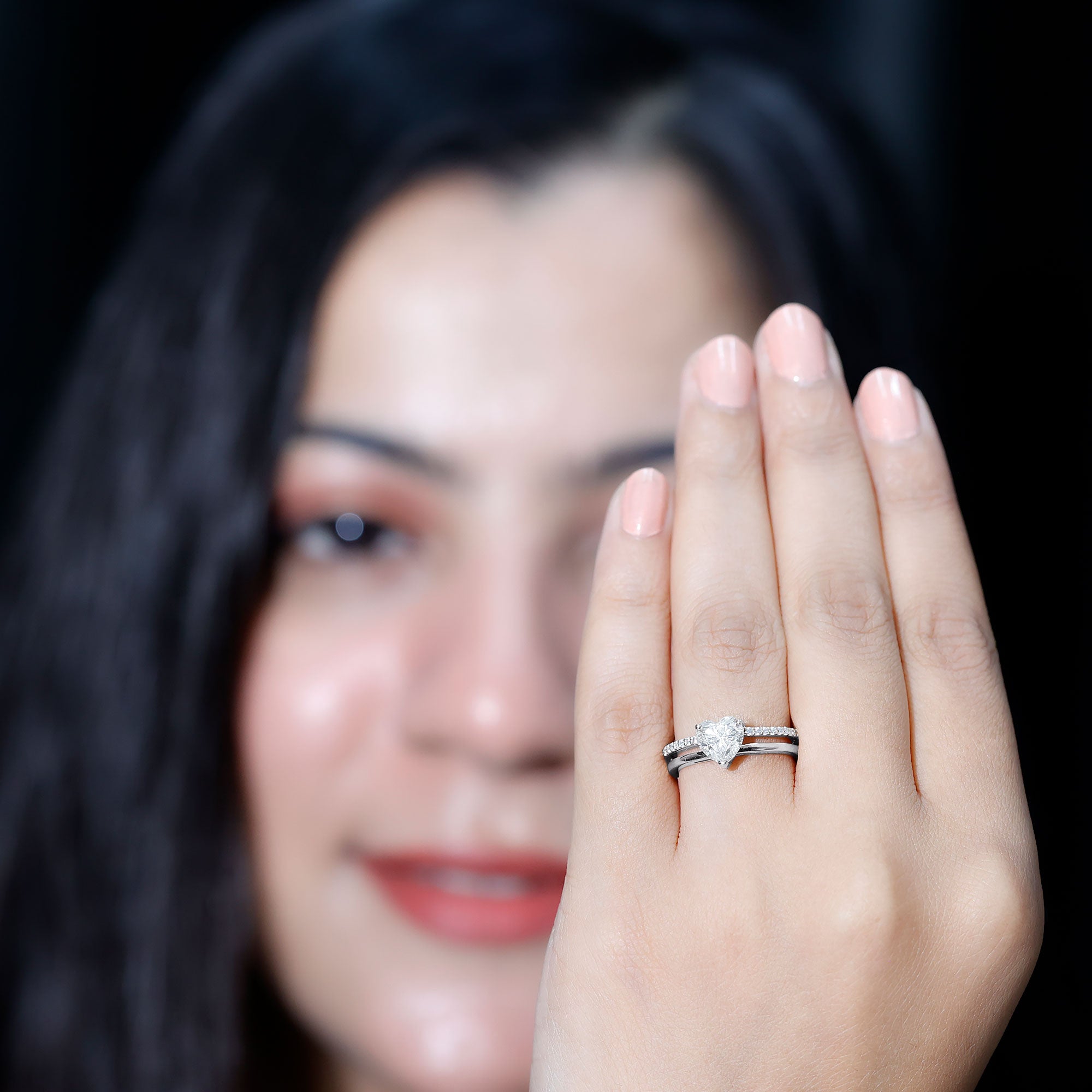 1.2 Carat Heart Shape Lab Grown Diamond Double Band Solitaire Ring Lab - ( EF-VS ) - Rosec Jewels