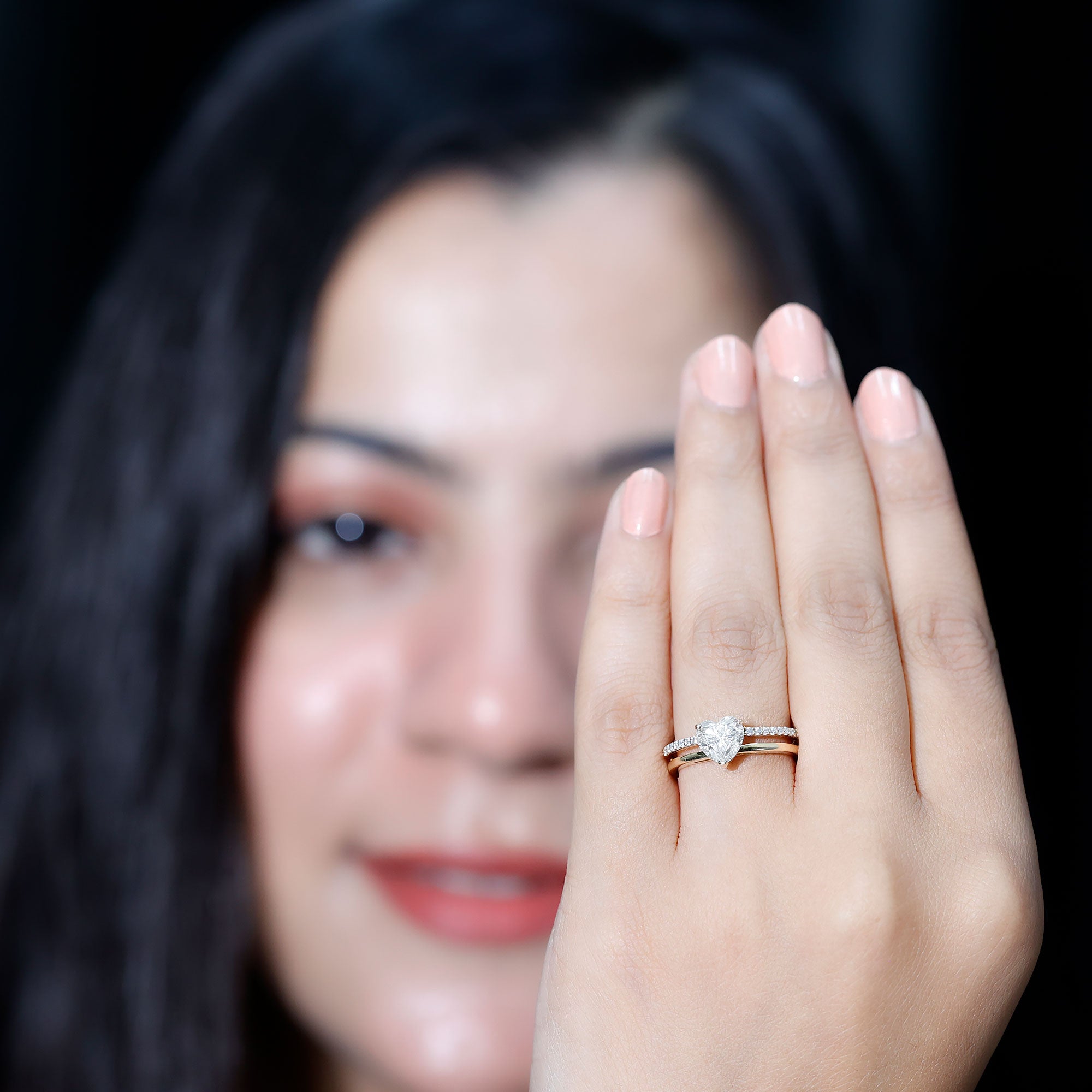 1.2 Carat Heart Shape Lab Grown Diamond Double Band Solitaire Ring Lab - ( EF-VS ) - Rosec Jewels