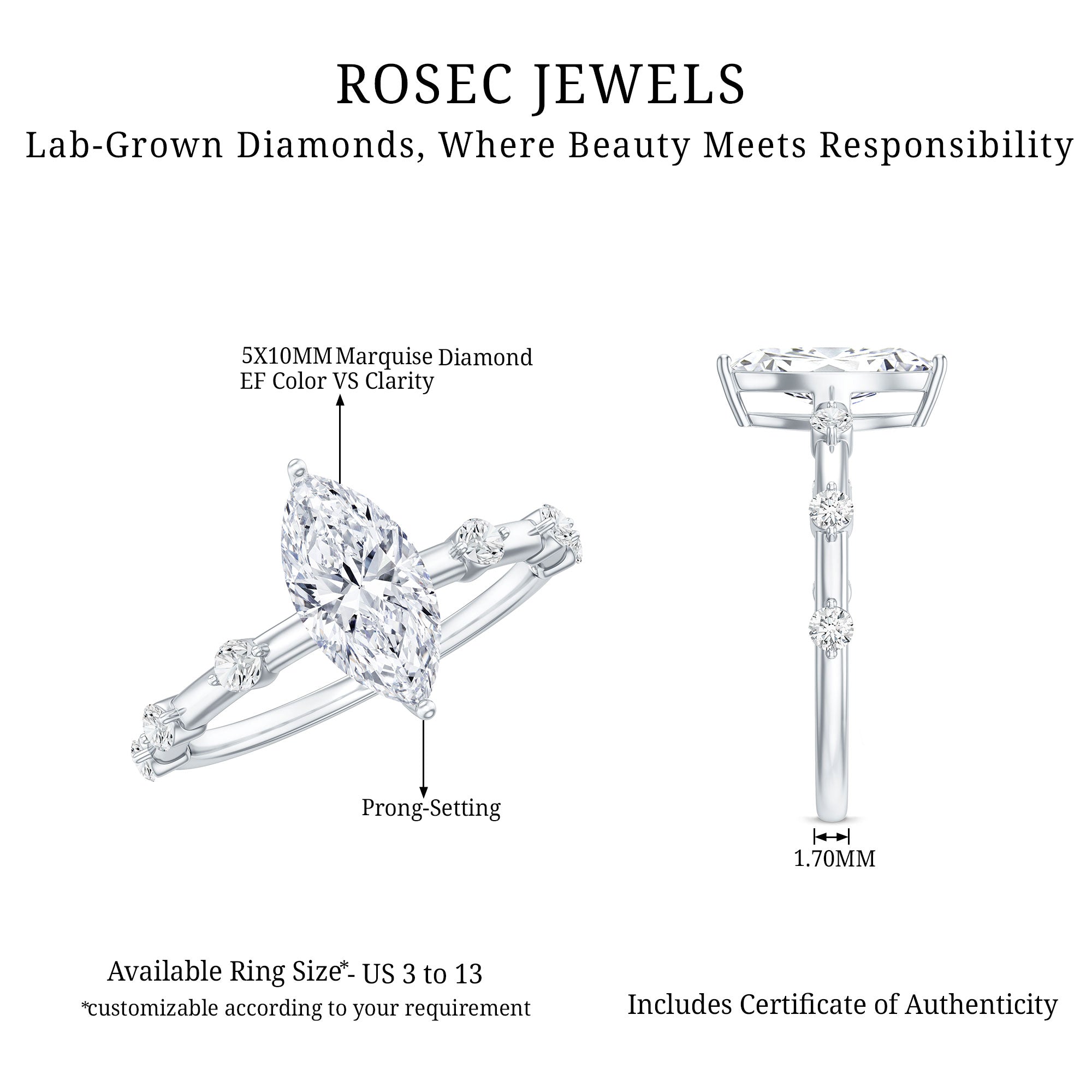Marquise Shape Lab Grown Diamond Solitaire Ring With Certificate Lab - ( EF-VS ) - Rosec Jewels