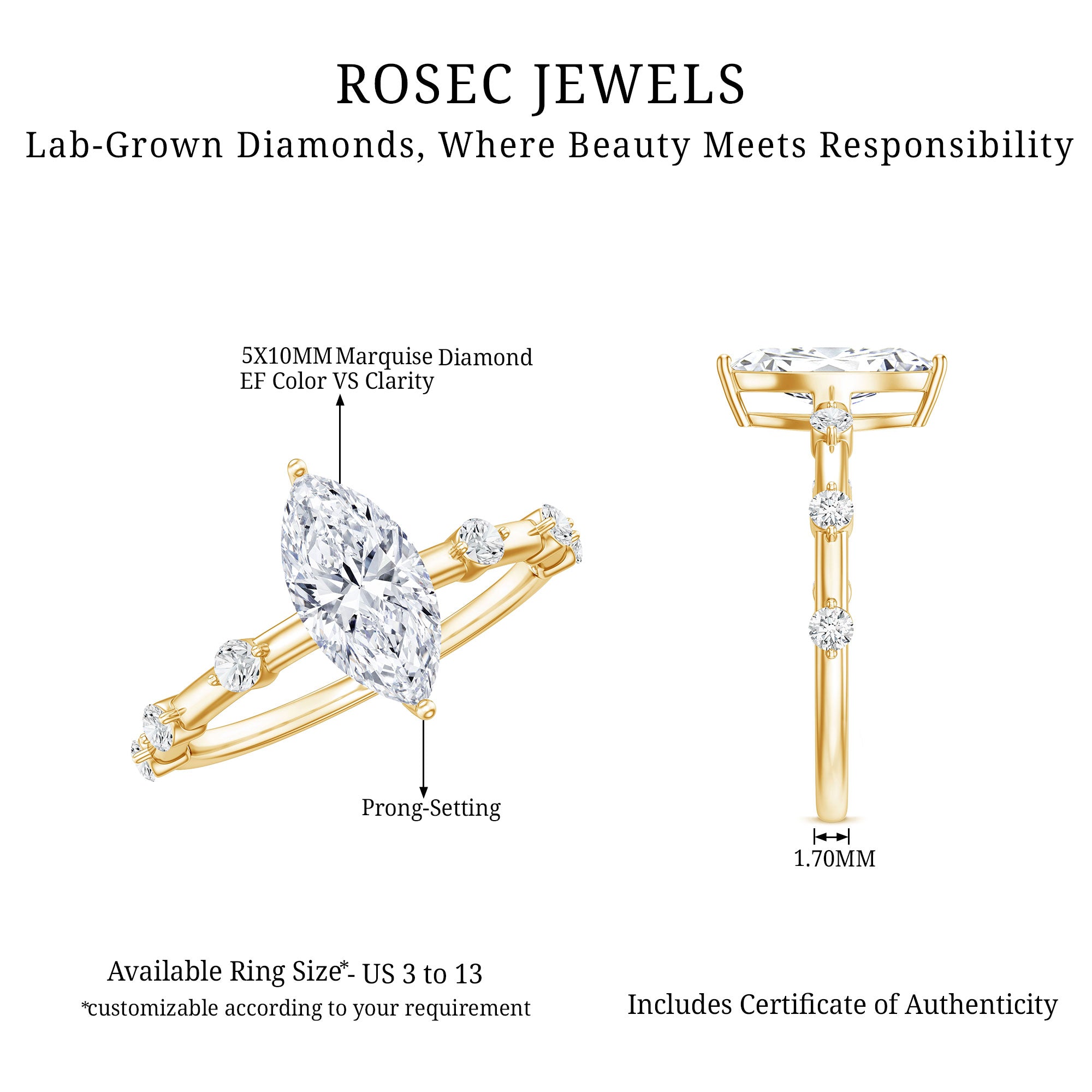Marquise Shape Lab Grown Diamond Solitaire Ring With Certificate Lab - ( EF-VS ) - Rosec Jewels