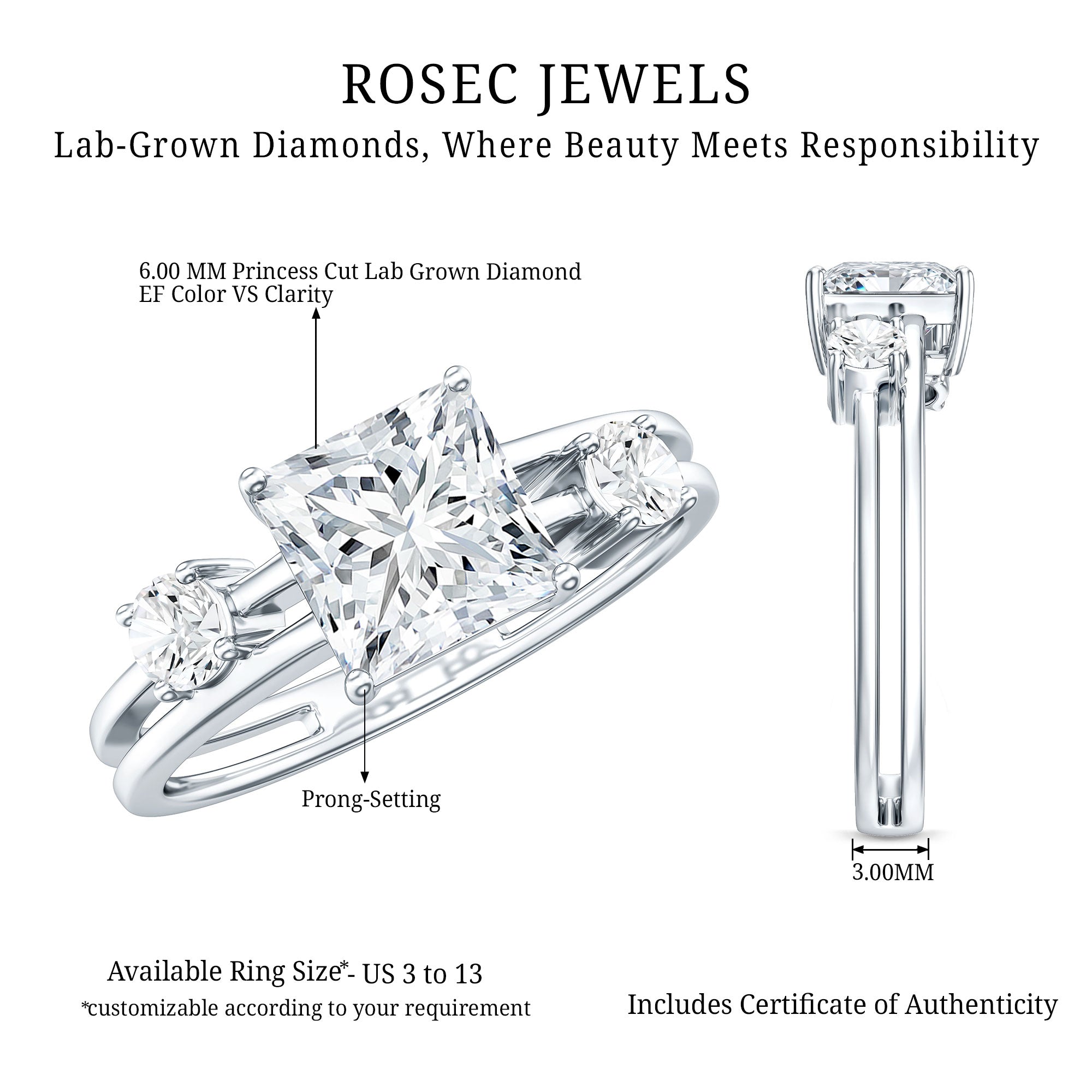 Princess Cut Lab Grown Diamond Double Band Ring Lab - ( EF-VS ) - Rosec Jewels