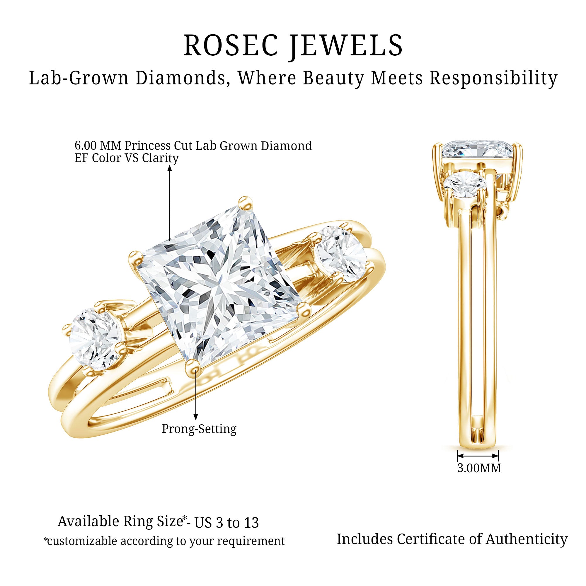 Princess Cut Lab Grown Diamond Double Band Ring Lab - ( EF-VS ) - Rosec Jewels