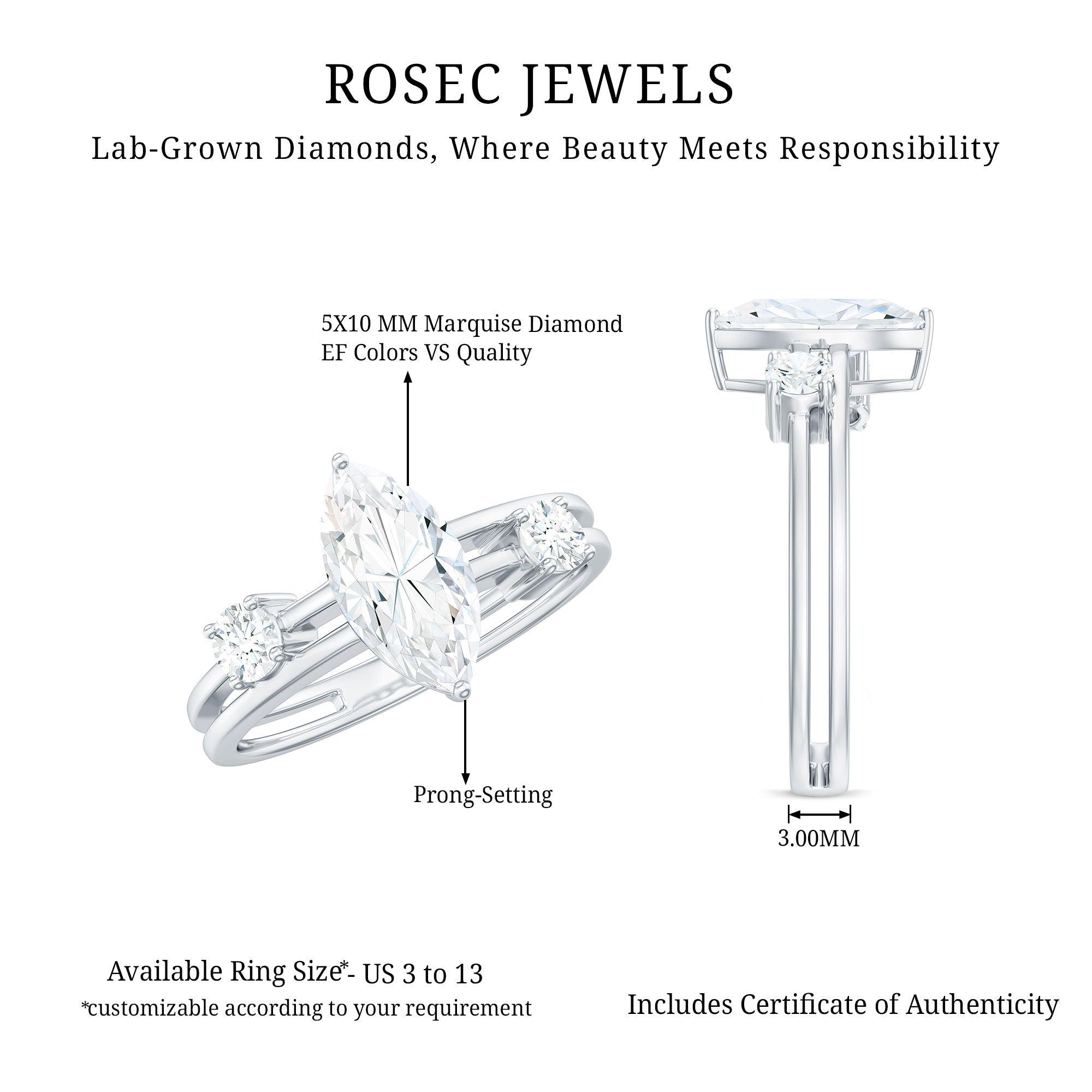 Rosec Jewels-Marquise Cut Lab Grown Diamond Double Band Ring for Women
