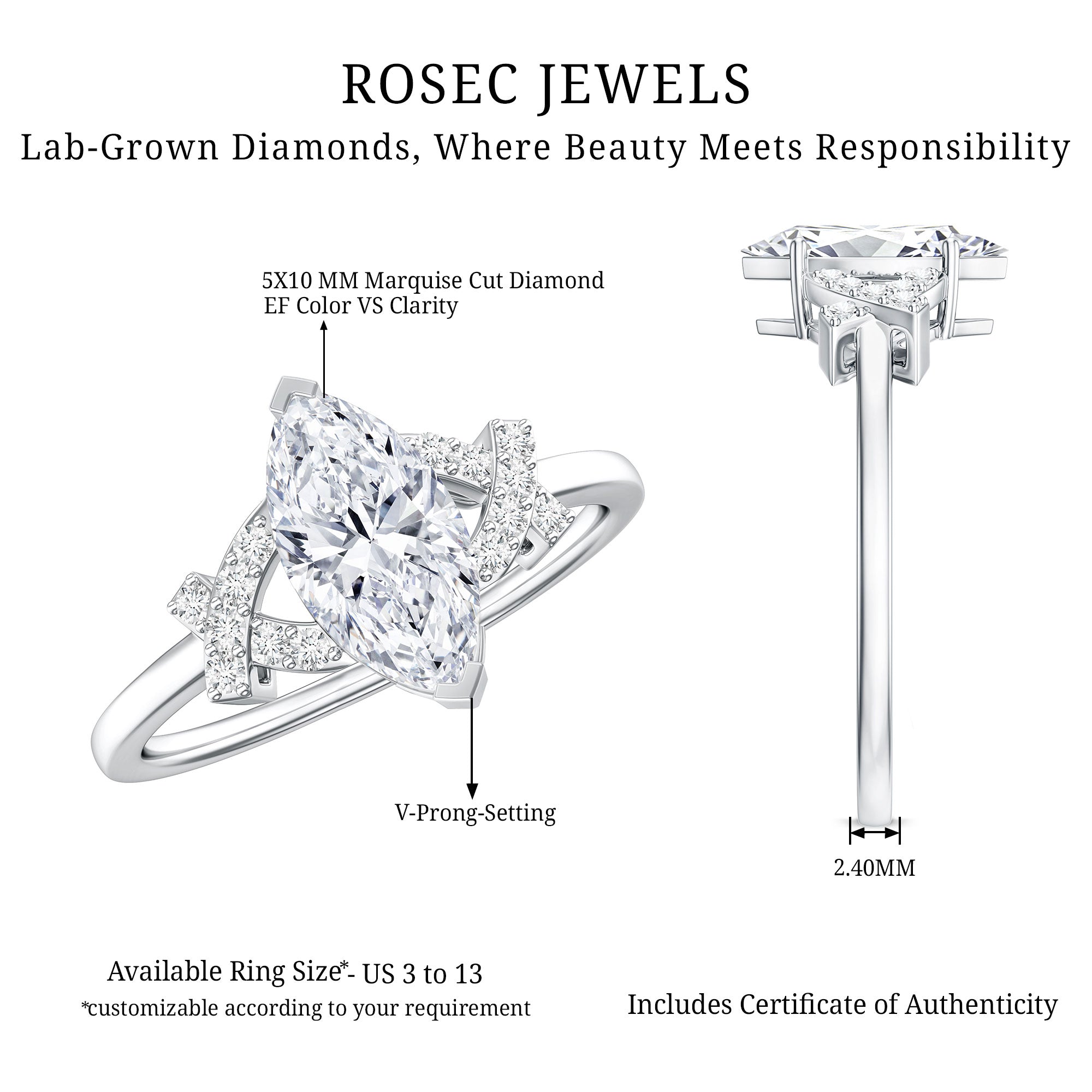 Lab Grown Diamond 5X10 MM Marquise Engagement Ring Lab - ( EF-VS ) - Rosec Jewels