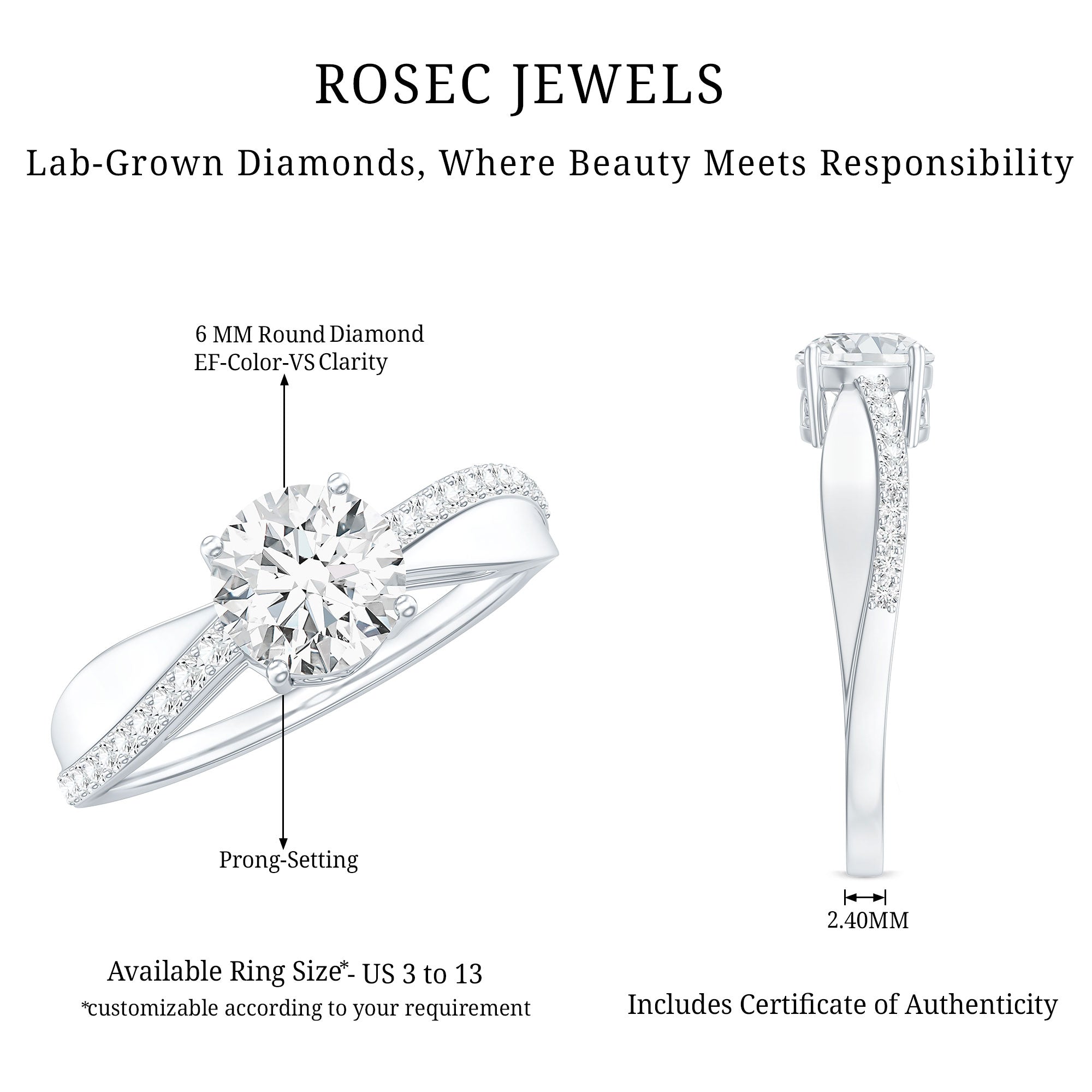 Certified Lab Grown Diamond Engagement Ring With Bypass Details Lab - ( EF-VS ) - Rosec Jewels