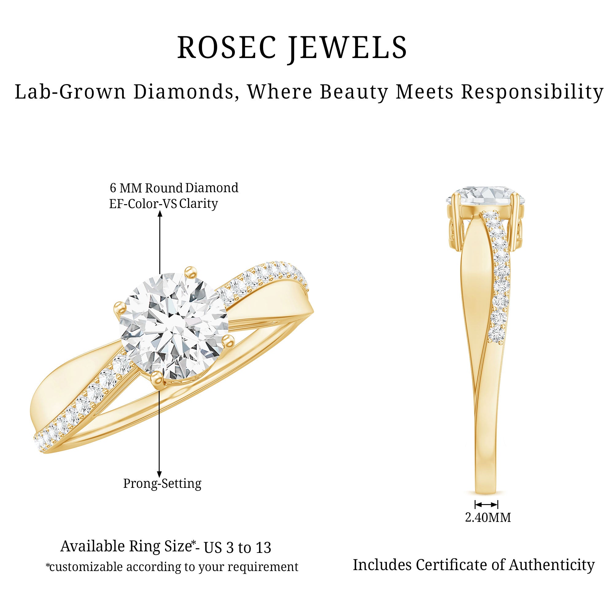 Certified Lab Grown Diamond Engagement Ring With Bypass Details Lab - ( EF-VS ) - Rosec Jewels