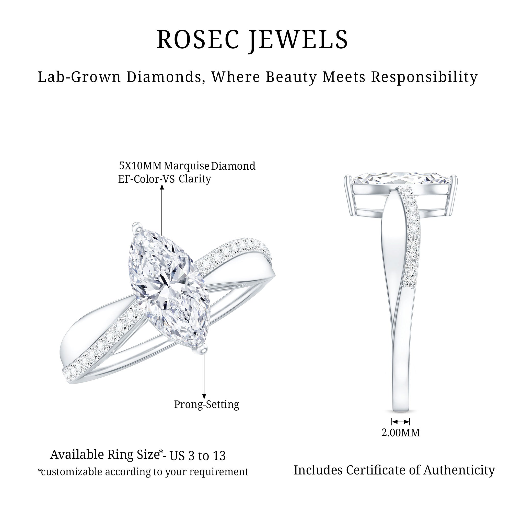 Certified 1 CT Marquise Diamond Solitaire Ring with Side Stones Lab - ( EF-VS ) - Rosec Jewels