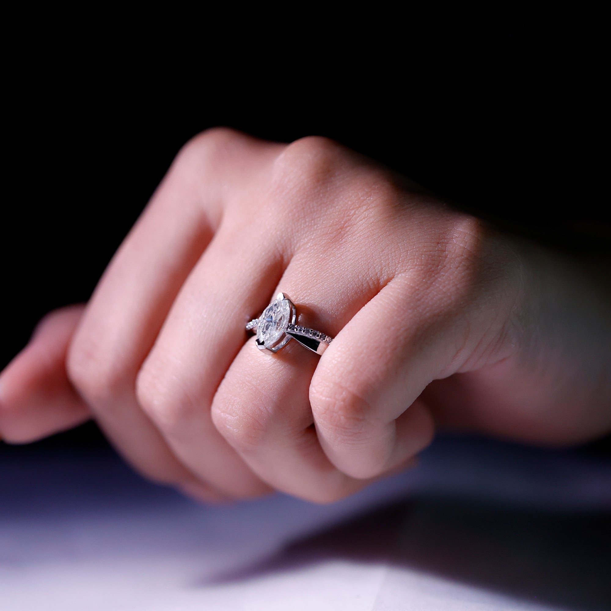 Certified 1 CT Marquise Diamond Solitaire Ring with Side Stones Lab - ( EF-VS ) - Rosec Jewels