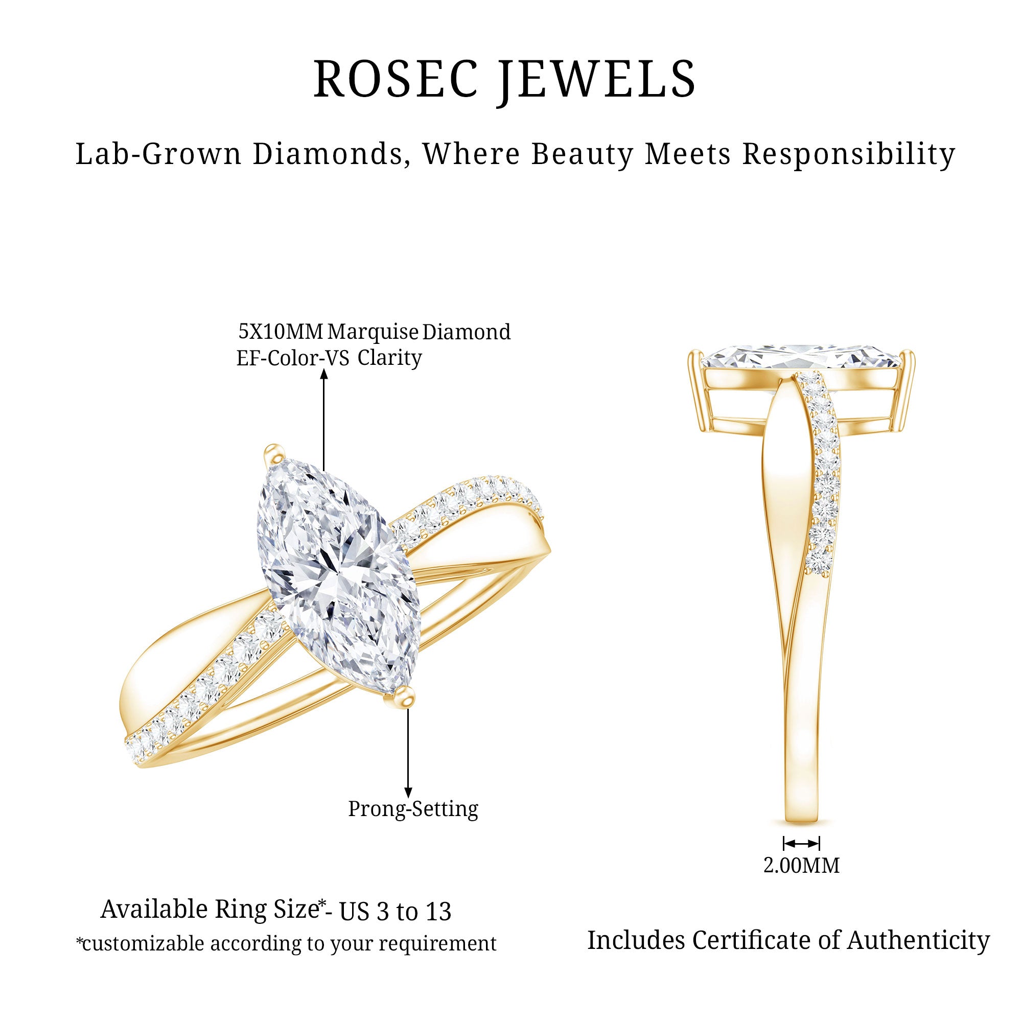 Certified 1 CT Marquise Diamond Solitaire Ring with Side Stones Lab - ( EF-VS ) - Rosec Jewels