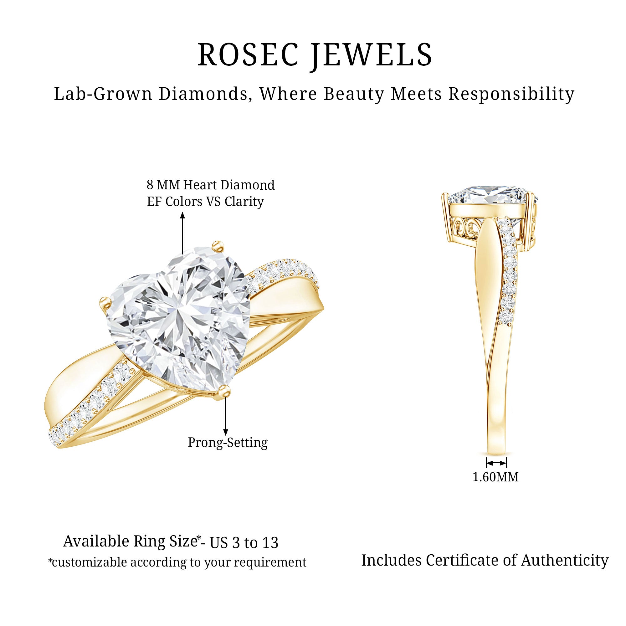 Lab Grown Diamond Heart Engagement Ring With Bypass Details Lab - ( EF-VS ) - Rosec Jewels