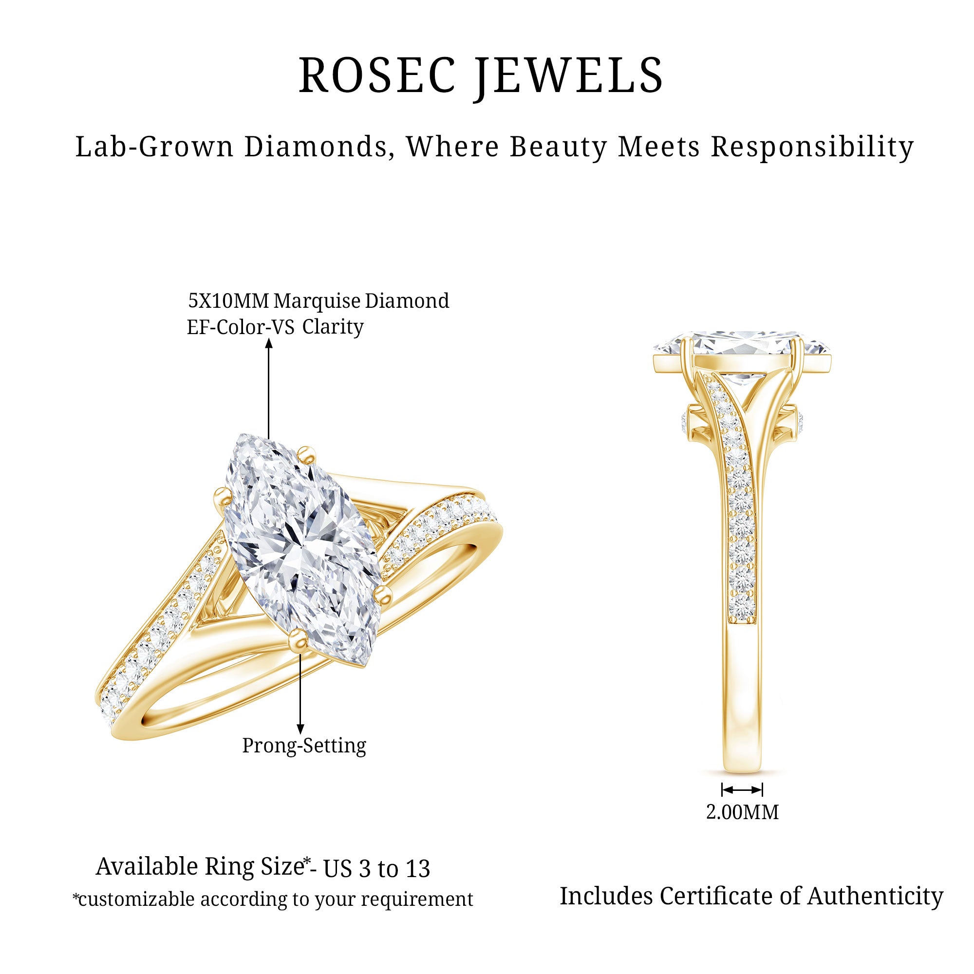Brilliant Cut Lab Grown Diamond Marquise Engagement Ring with Split Shank Lab - ( EF-VS ) - Rosec Jewels