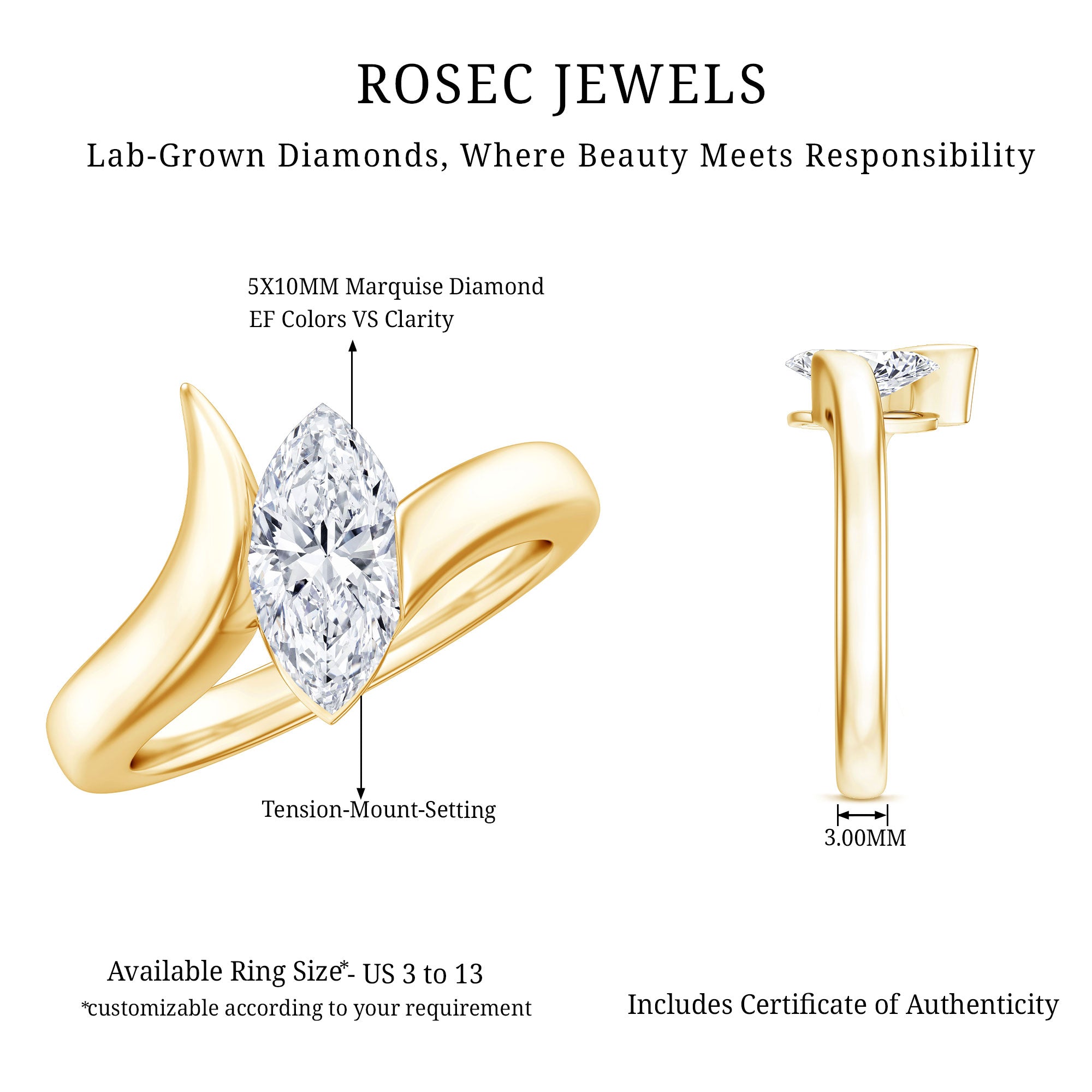 Lab Diamond 5X10 MM Marquise Engagement Ring in Tension Mount Setting Lab - ( EF-VS ) - Rosec Jewels