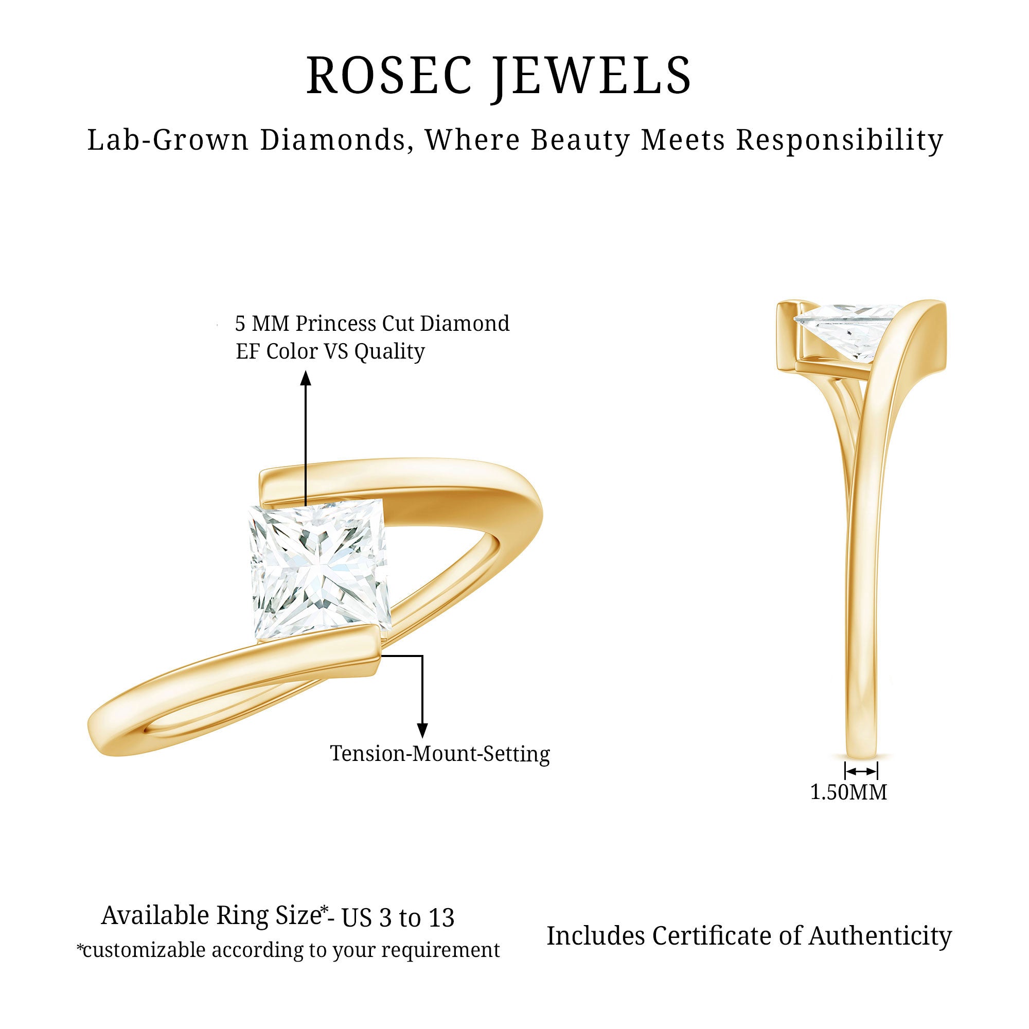 Rosec Jewels-5 mm Princess Cut Lab Grown Diamond Ring With Tension Setting