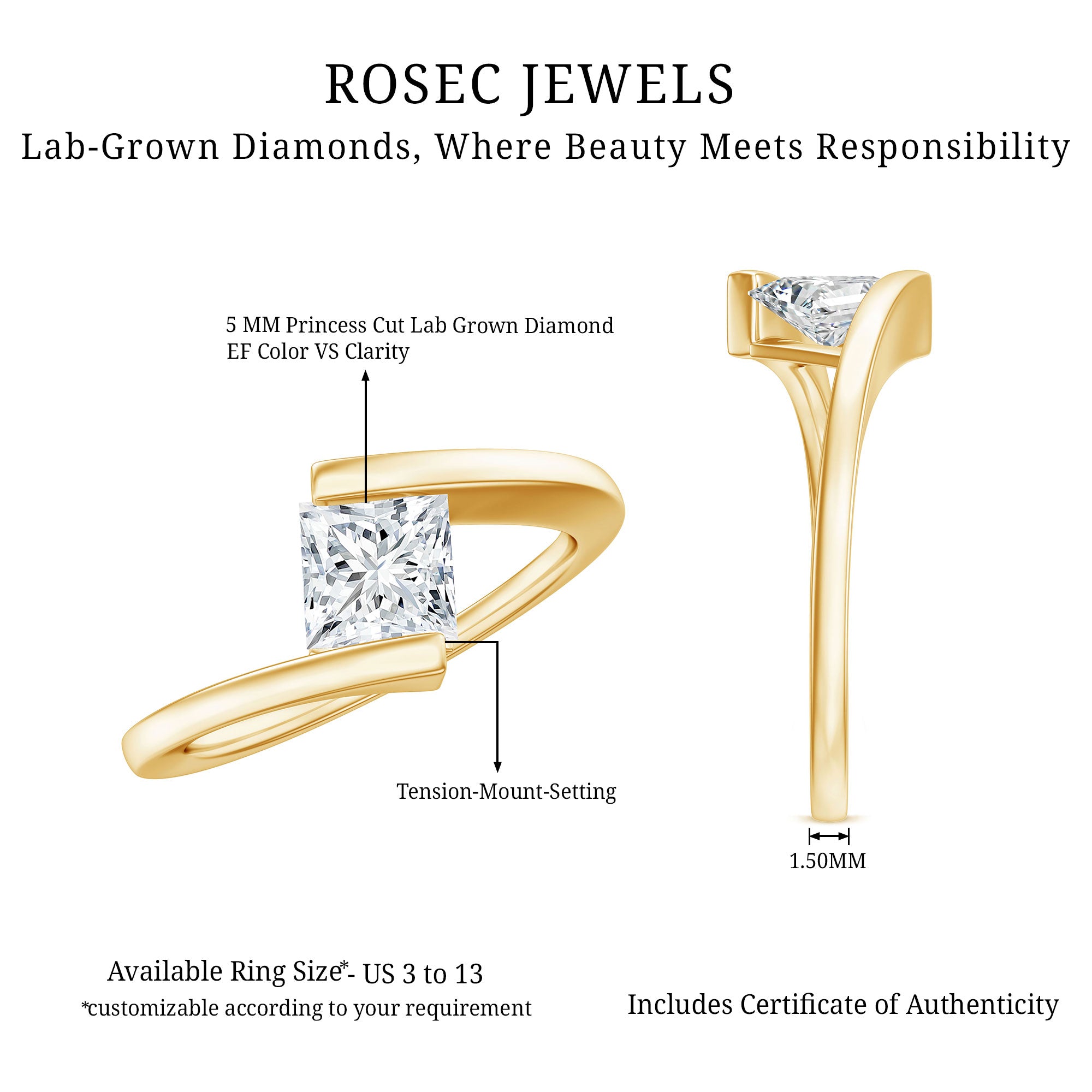 5 mm Princess Cut Lab Grown Diamond Ring With Tension Setting Lab - ( EF-VS ) - Rosec Jewels