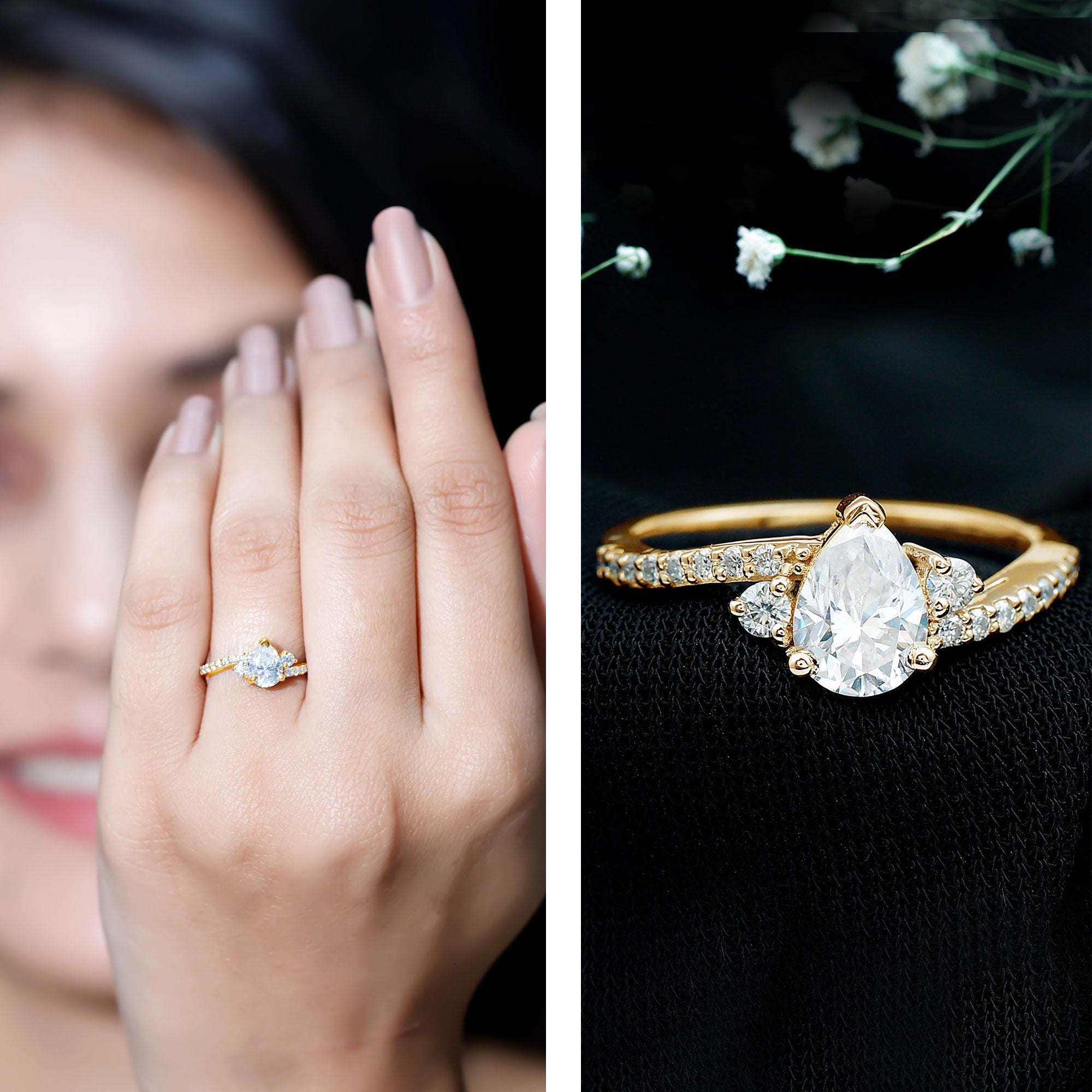 Pear Lab Created Diamond Engagement Bypass Ring for Her Lab - ( EF-VS ) - Rosec Jewels