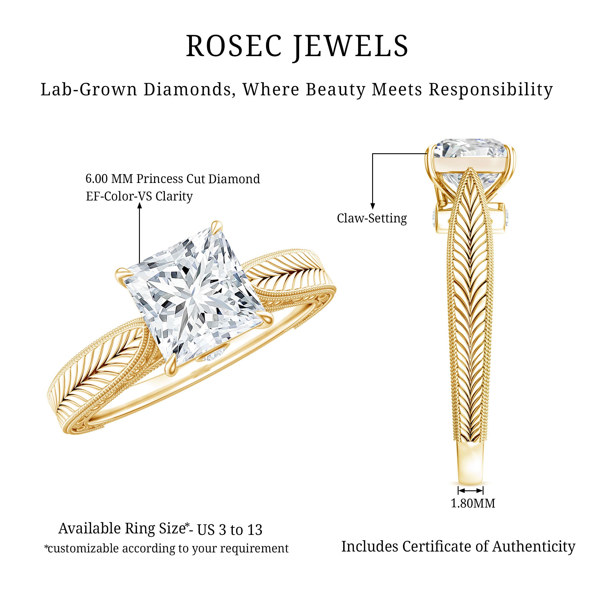Lab Grown Diamond Engraved Solitaire Engagement Ring in Claw Set Lab - ( EF-VS ) - Rosec Jewels