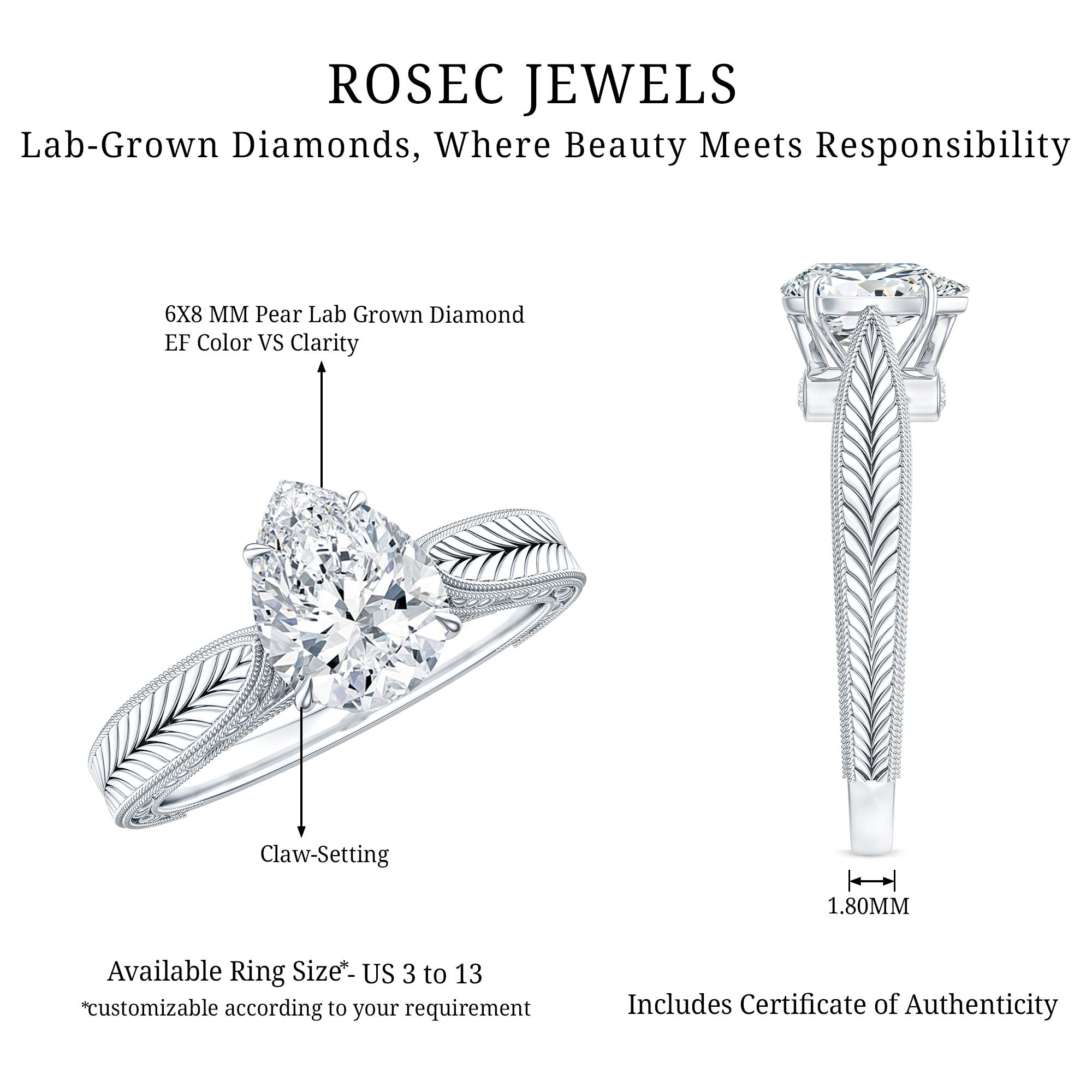6X8 mm Pear Lab Created Diamond Filigree Engagement Ring Lab - ( EF-VS ) - Rosec Jewels
