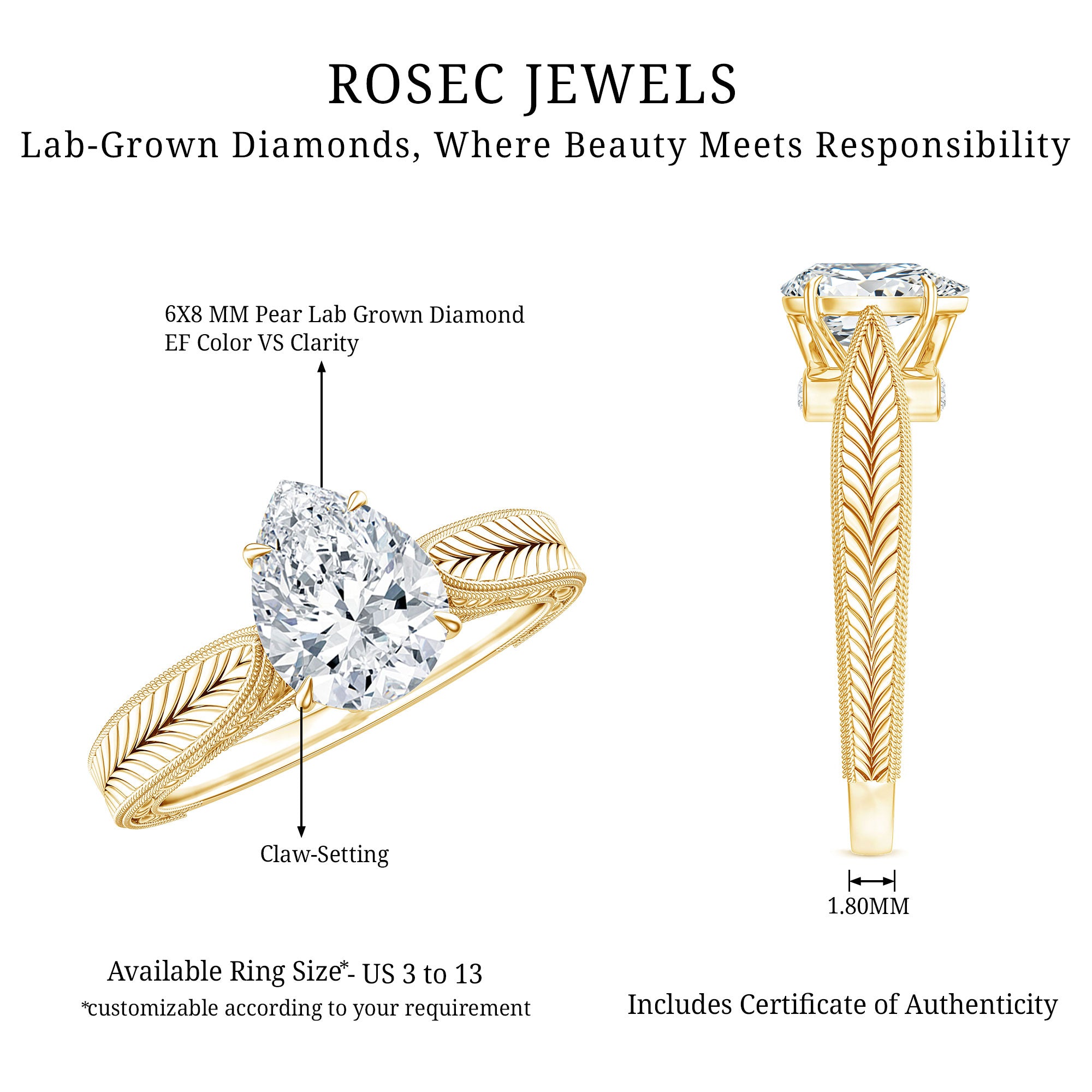 6X8 mm Pear Lab Created Diamond Filigree Engagement Ring Lab - ( EF-VS ) - Rosec Jewels