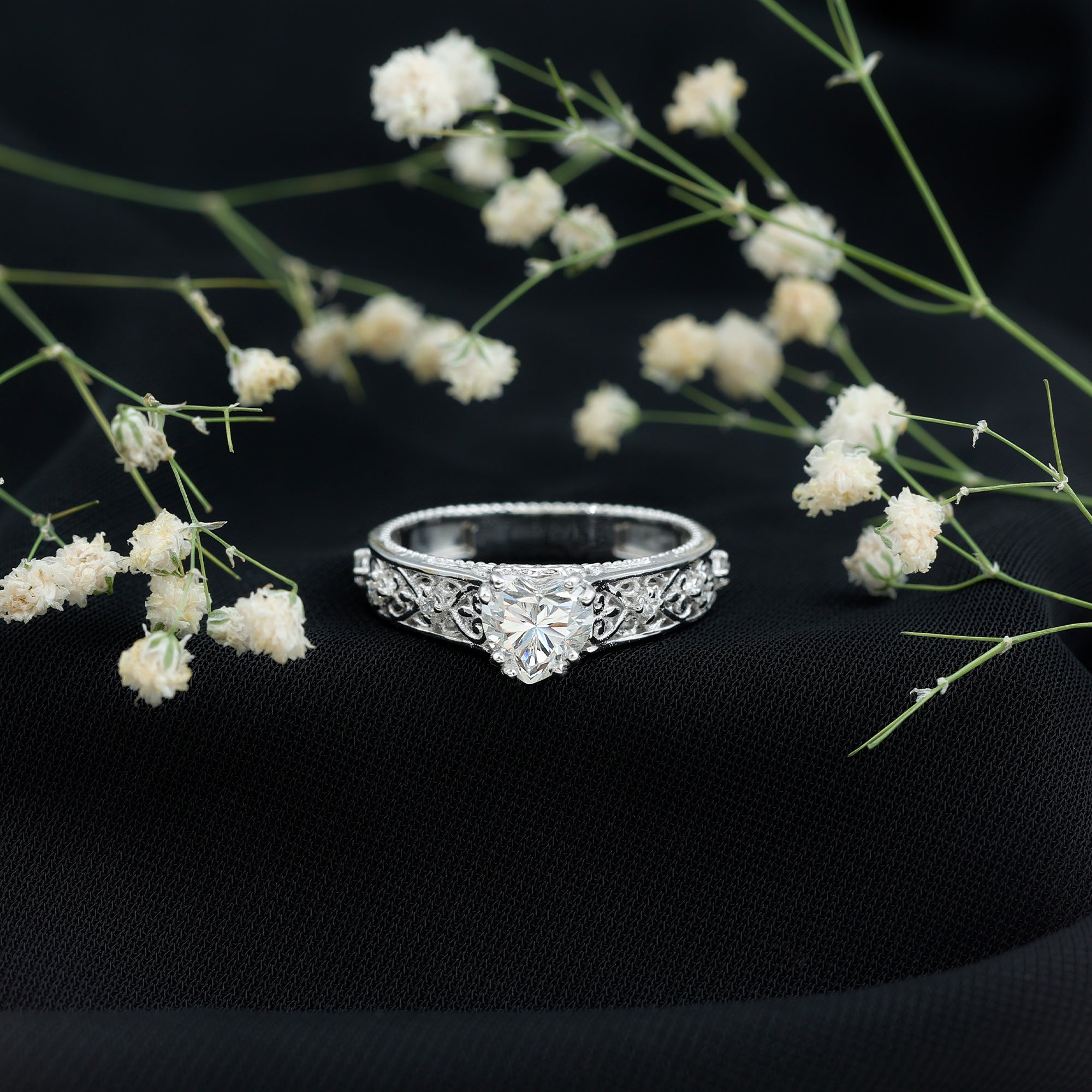 Certified 1 Carat Heart Lab Created Vintage Engagement Ring Lab - ( EF-VS ) - Rosec Jewels