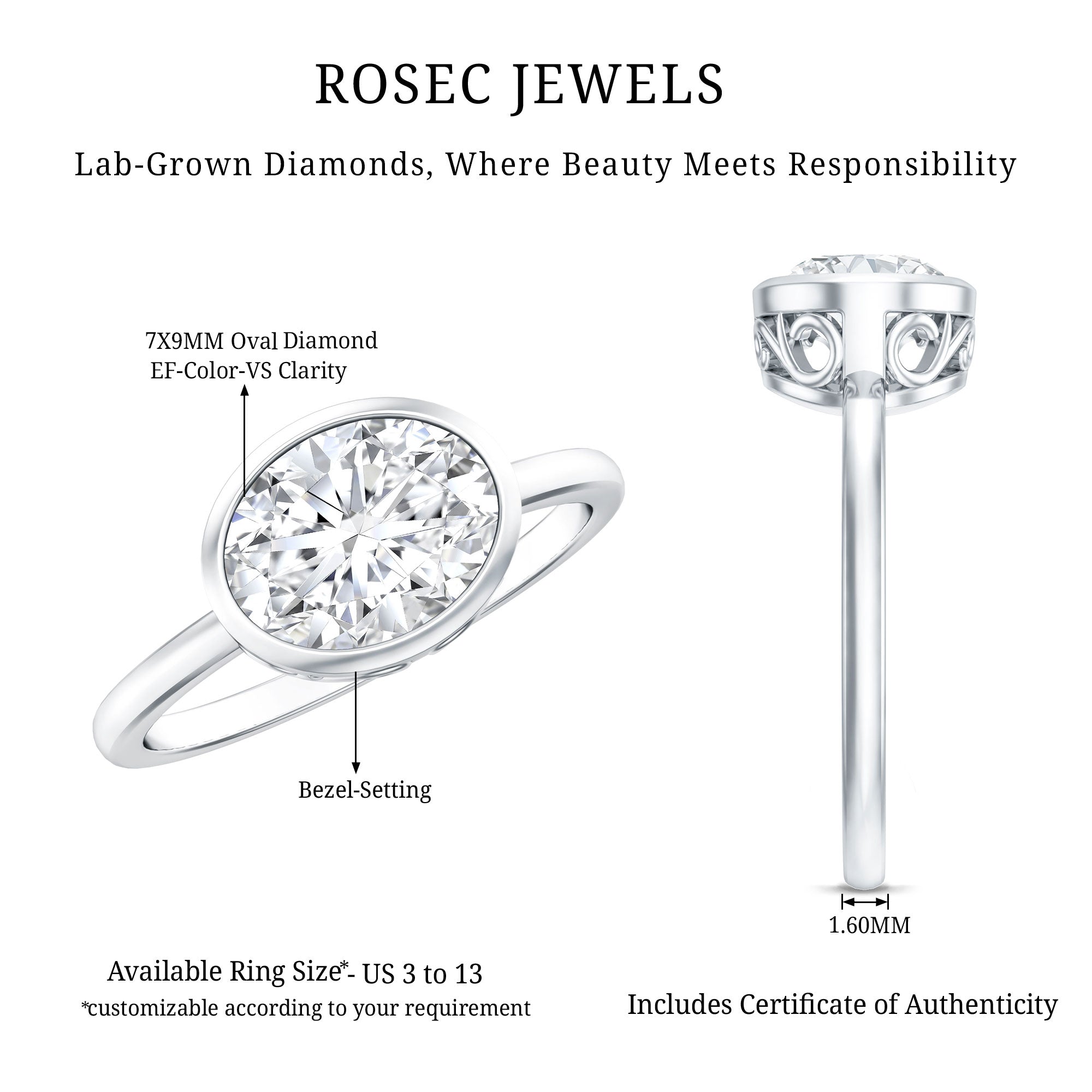 Bezel Set Lab Grown Diamond East West Engagement Ring Lab - ( EF-VS ) - Rosec Jewels