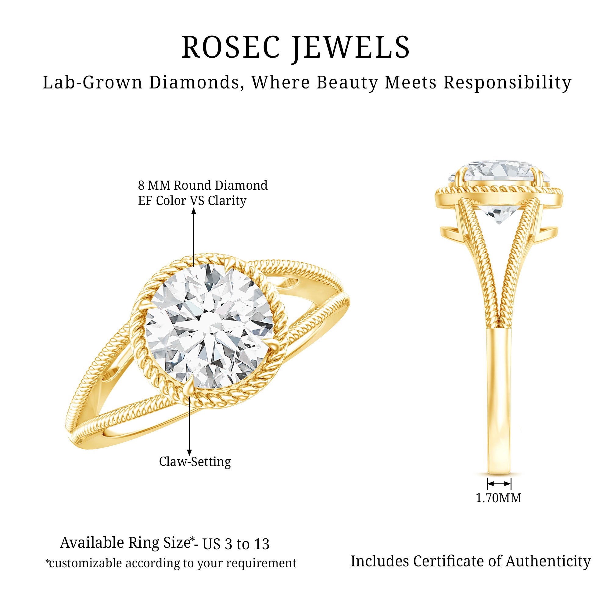 Man Made Diamond Engagement Ring With Split Shank Lab - ( EF-VS ) - Rosec Jewels