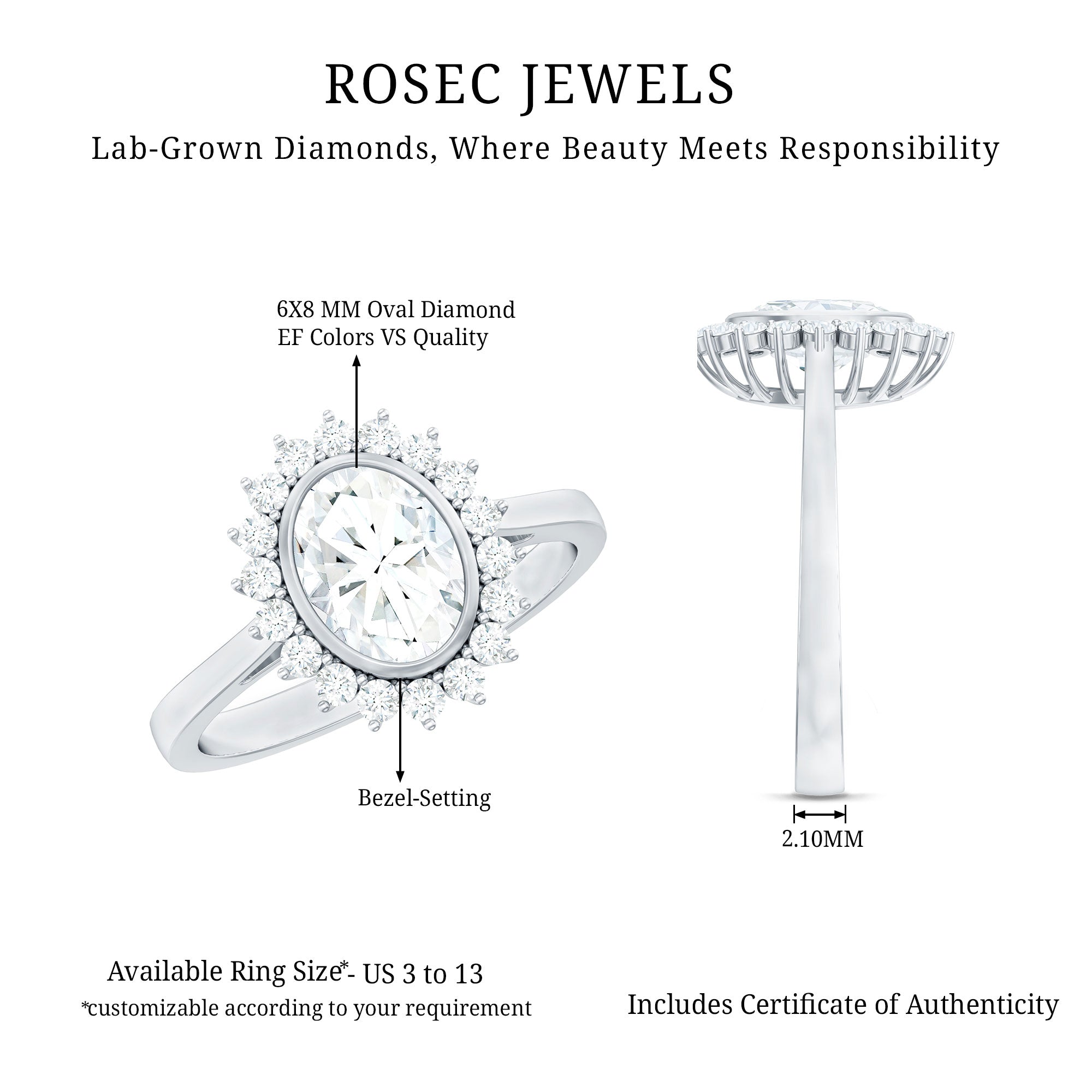 Oval Cut Lab Grown Diamond Halo Engagement Ring in Bezel Setting Lab - ( EF-VS ) - Rosec Jewels