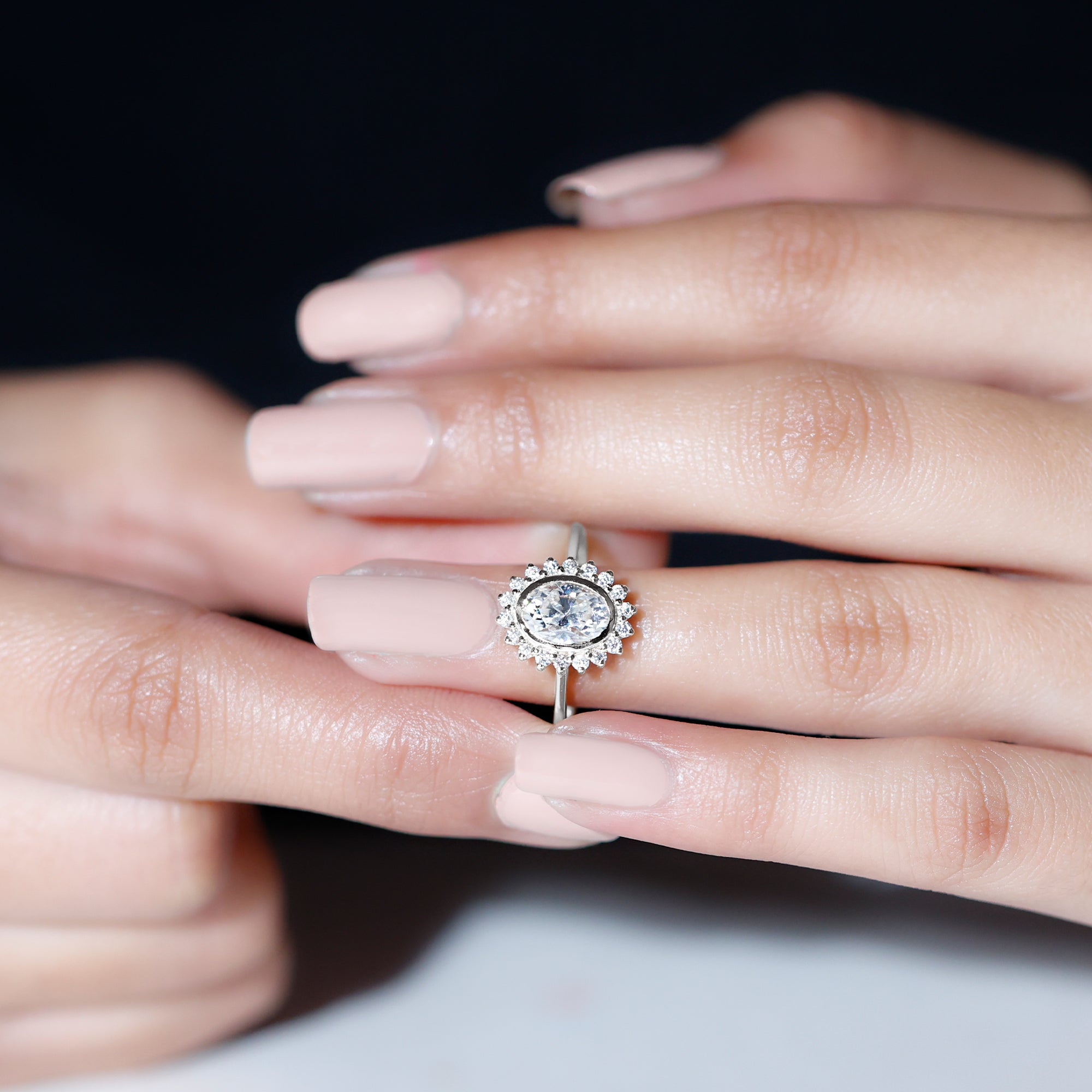 Oval Cut Lab Grown Diamond Halo Engagement Ring in Bezel Setting Lab - ( EF-VS ) - Rosec Jewels
