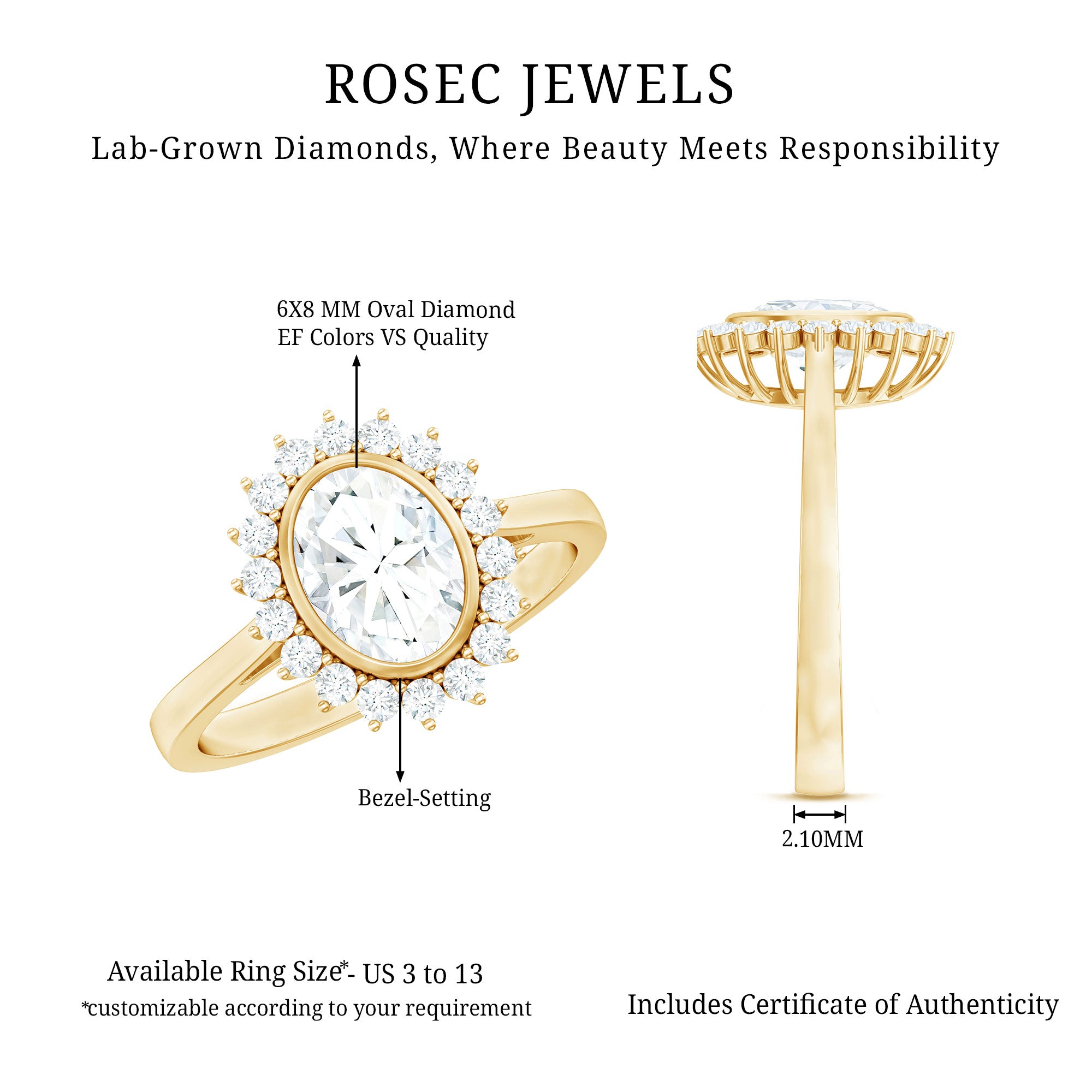 Oval Cut Lab Grown Diamond Halo Engagement Ring in Bezel Setting Lab - ( EF-VS ) - Rosec Jewels