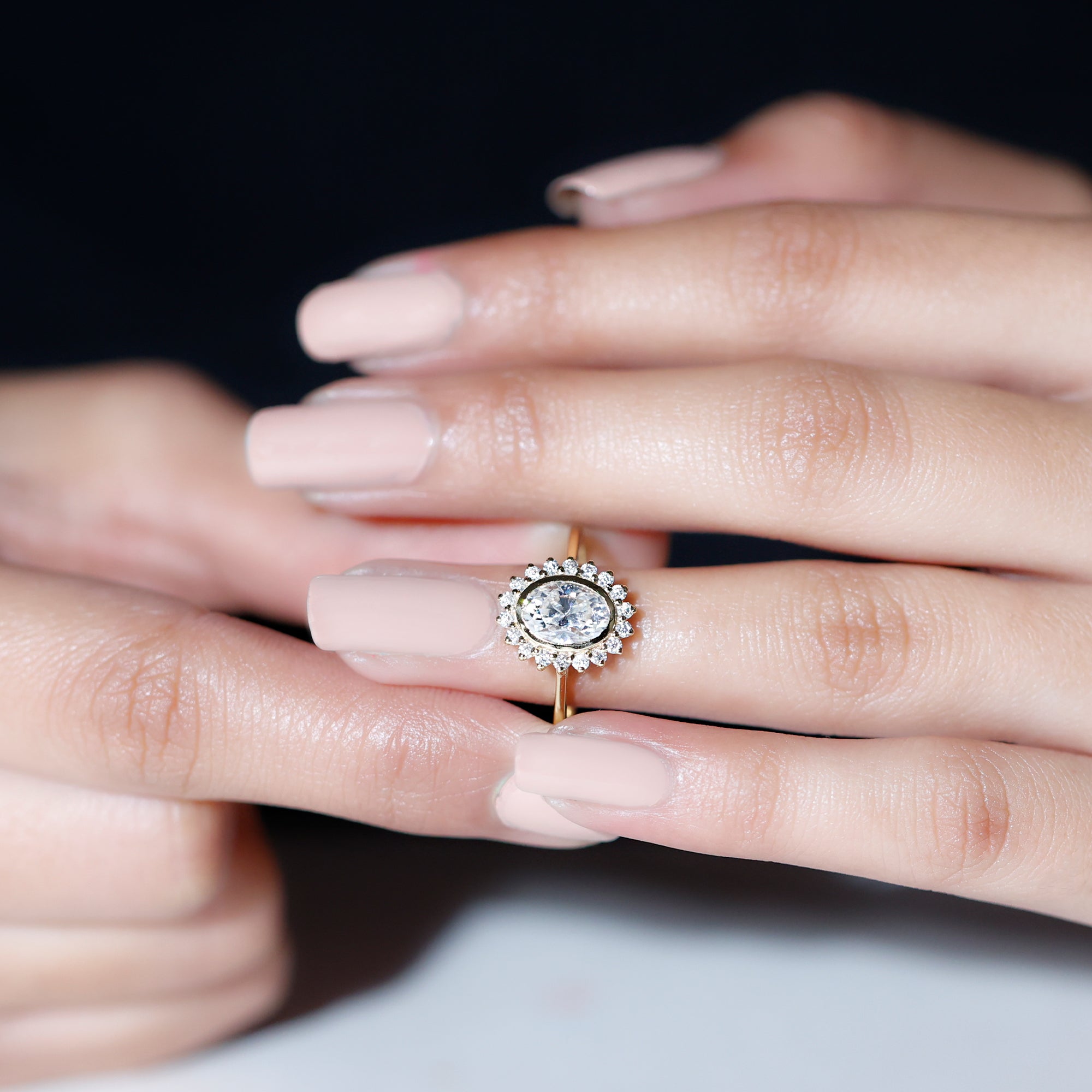 Oval Cut Lab Grown Diamond Halo Engagement Ring in Bezel Setting Lab - ( EF-VS ) - Rosec Jewels