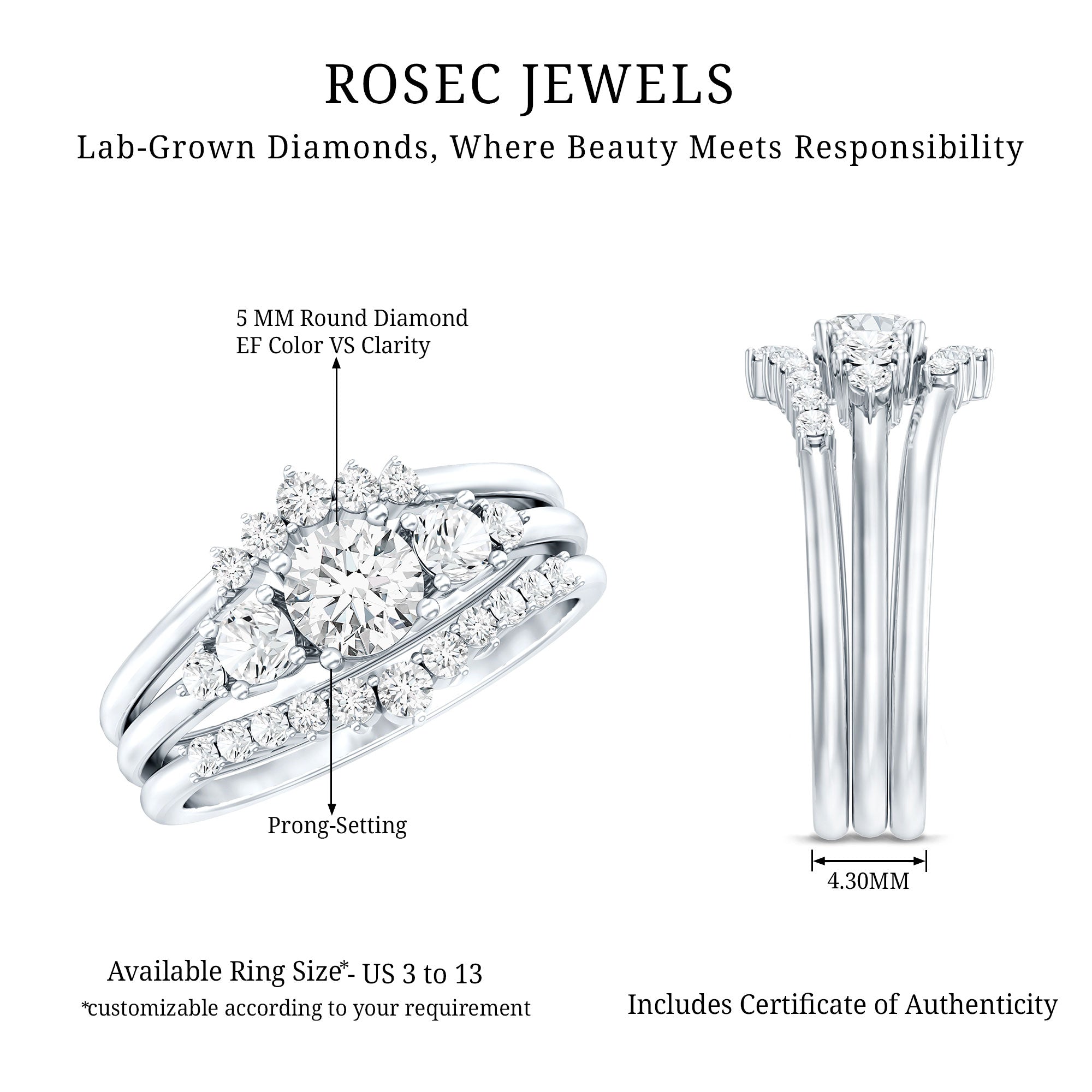 Lab Grown Diamond Trio Wedding Ring Set For Bride Lab - ( EF-VS ) - Rosec Jewels