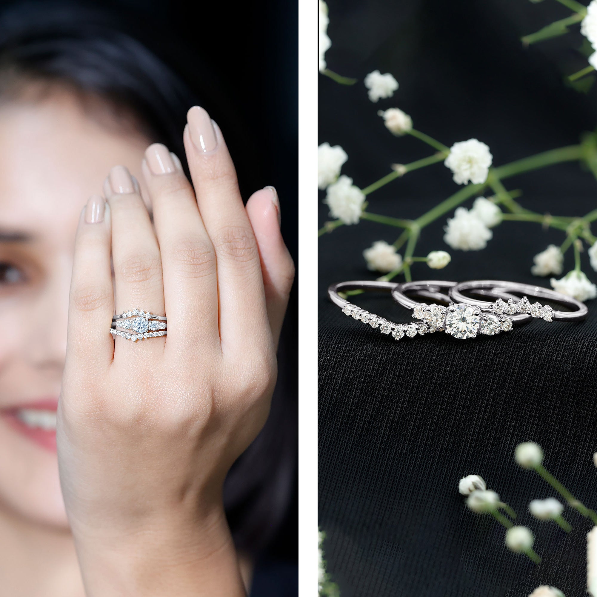 Lab Grown Diamond Trio Wedding Ring Set For Bride Lab - ( EF-VS ) - Rosec Jewels
