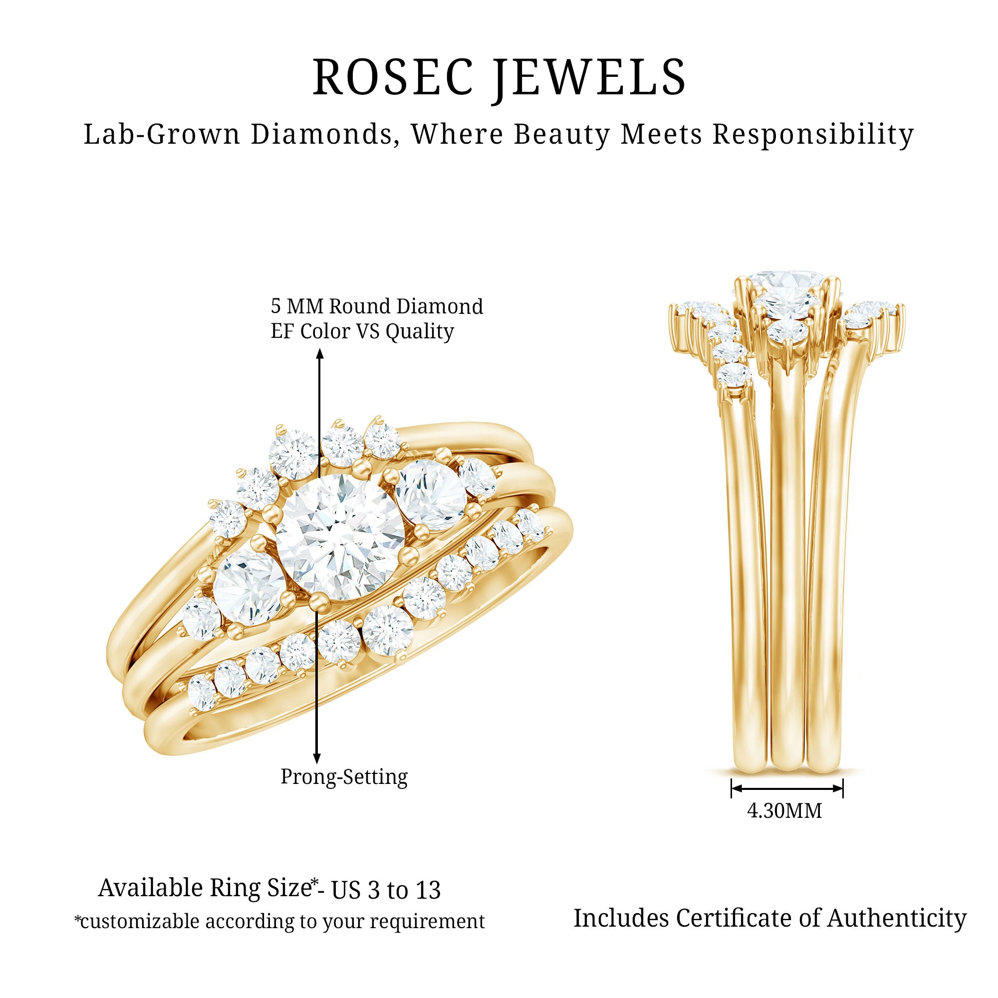 Rosec Jewels-Lab Grown Diamond Trio Wedding Ring Set For Bride