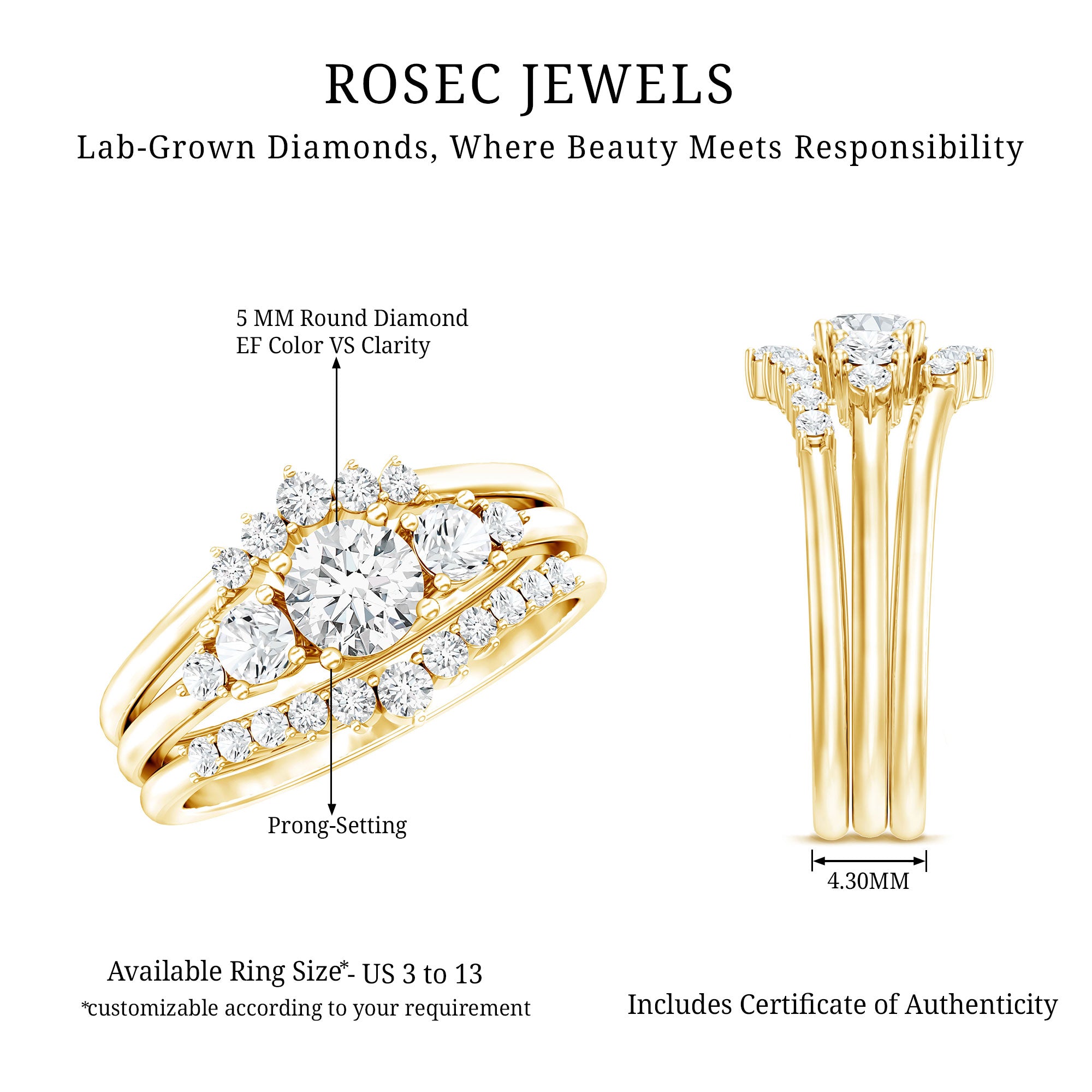 Lab Grown Diamond Trio Wedding Ring Set For Bride Lab - ( EF-VS ) - Rosec Jewels