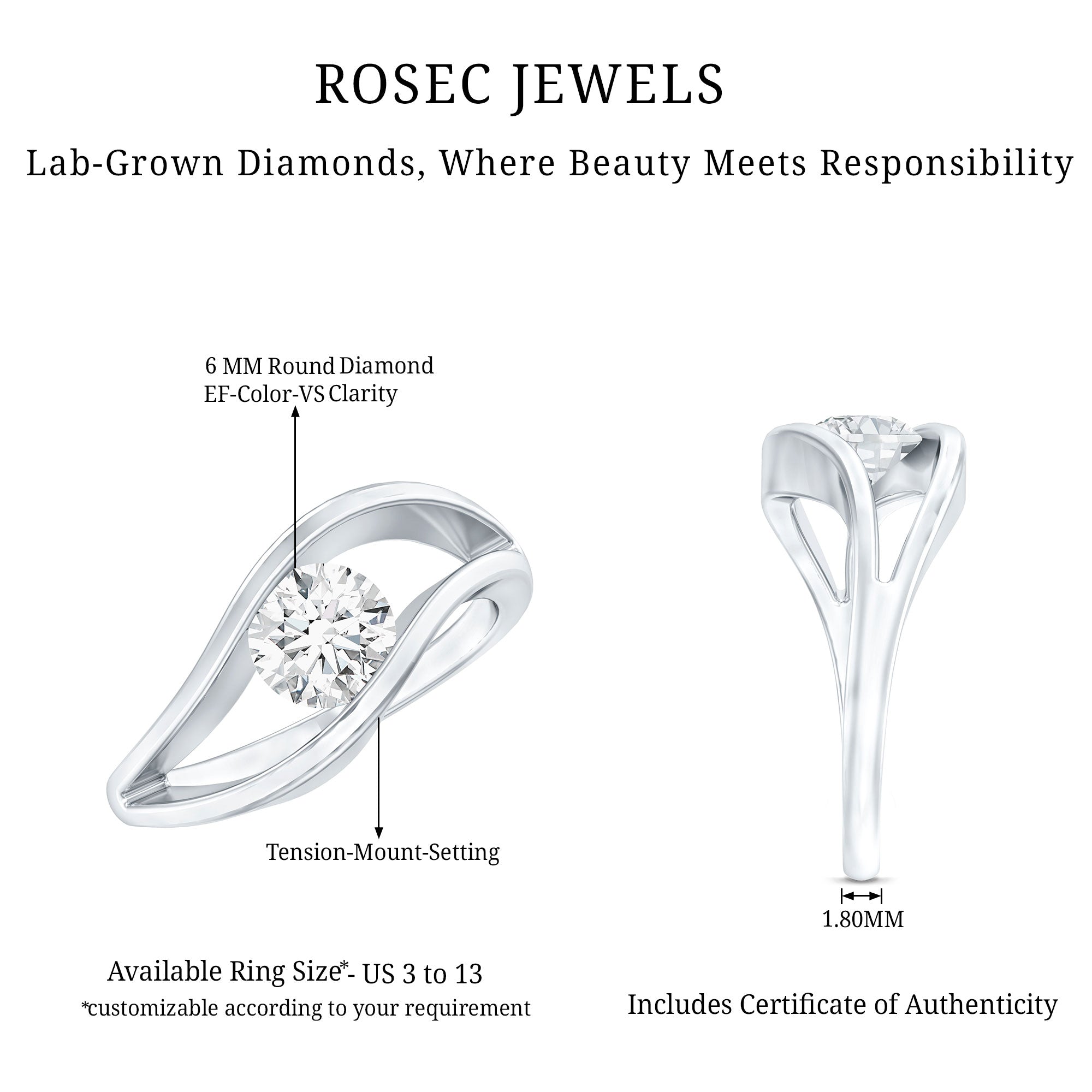 Certified 6 mm Lab Created Diamond Round Engagement Ring in Tension Setting Lab - ( EF-VS ) - Rosec Jewels