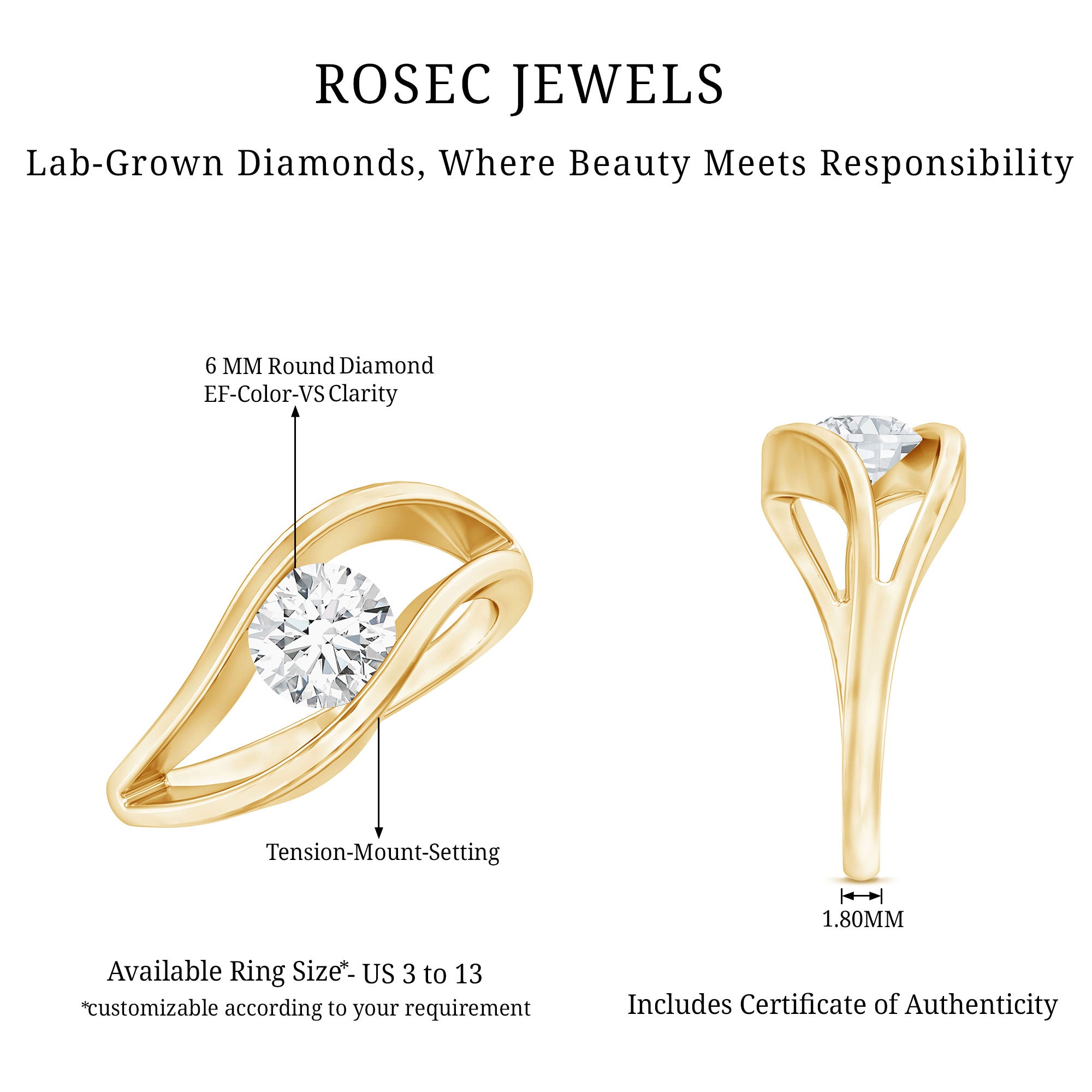 Certified 6 mm Lab Created Diamond Round Engagement Ring in Tension Setting Lab - ( EF-VS ) - Rosec Jewels