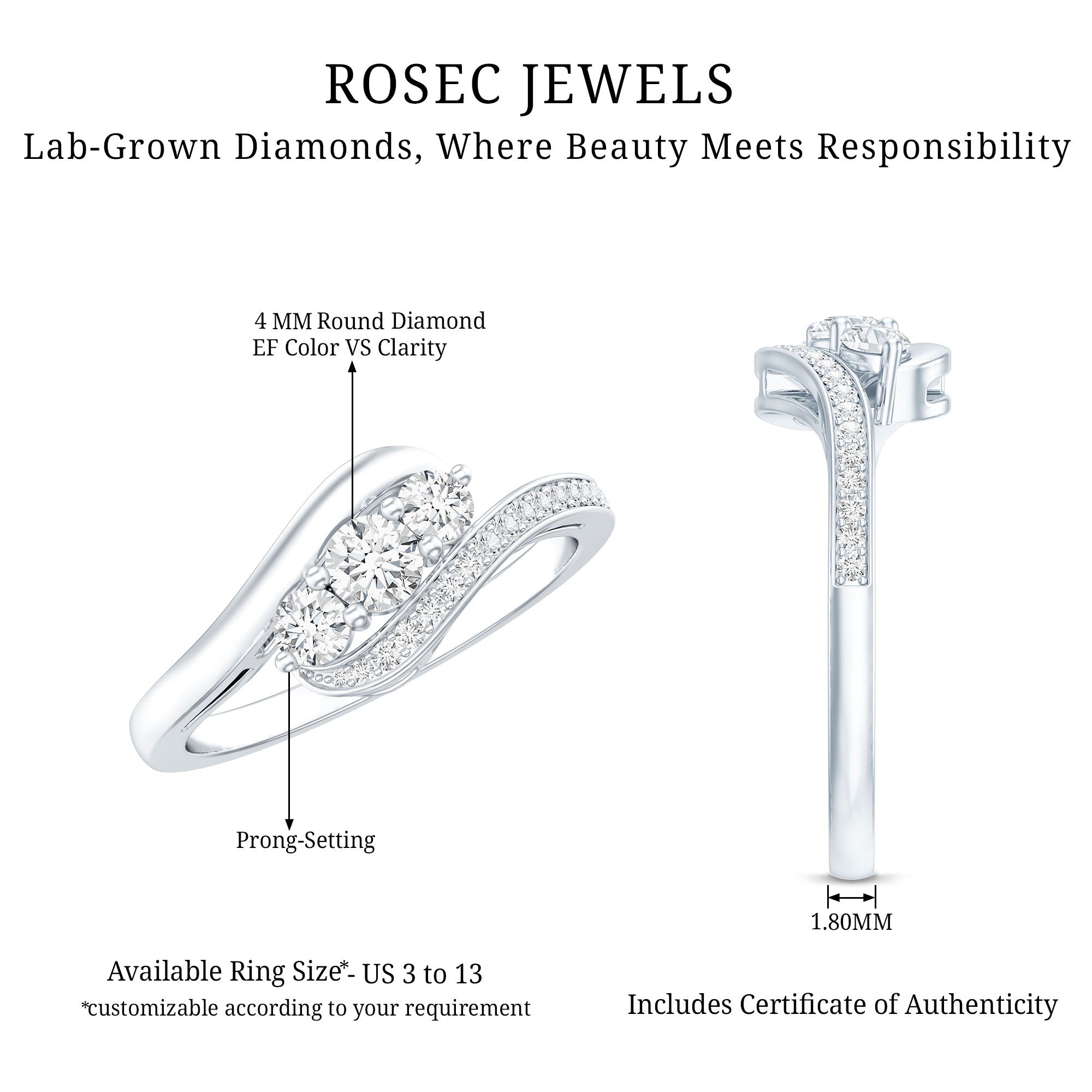 Certified Diamond 3 Stone Promise Ring Lab - ( EF-VS ) - Rosec Jewels