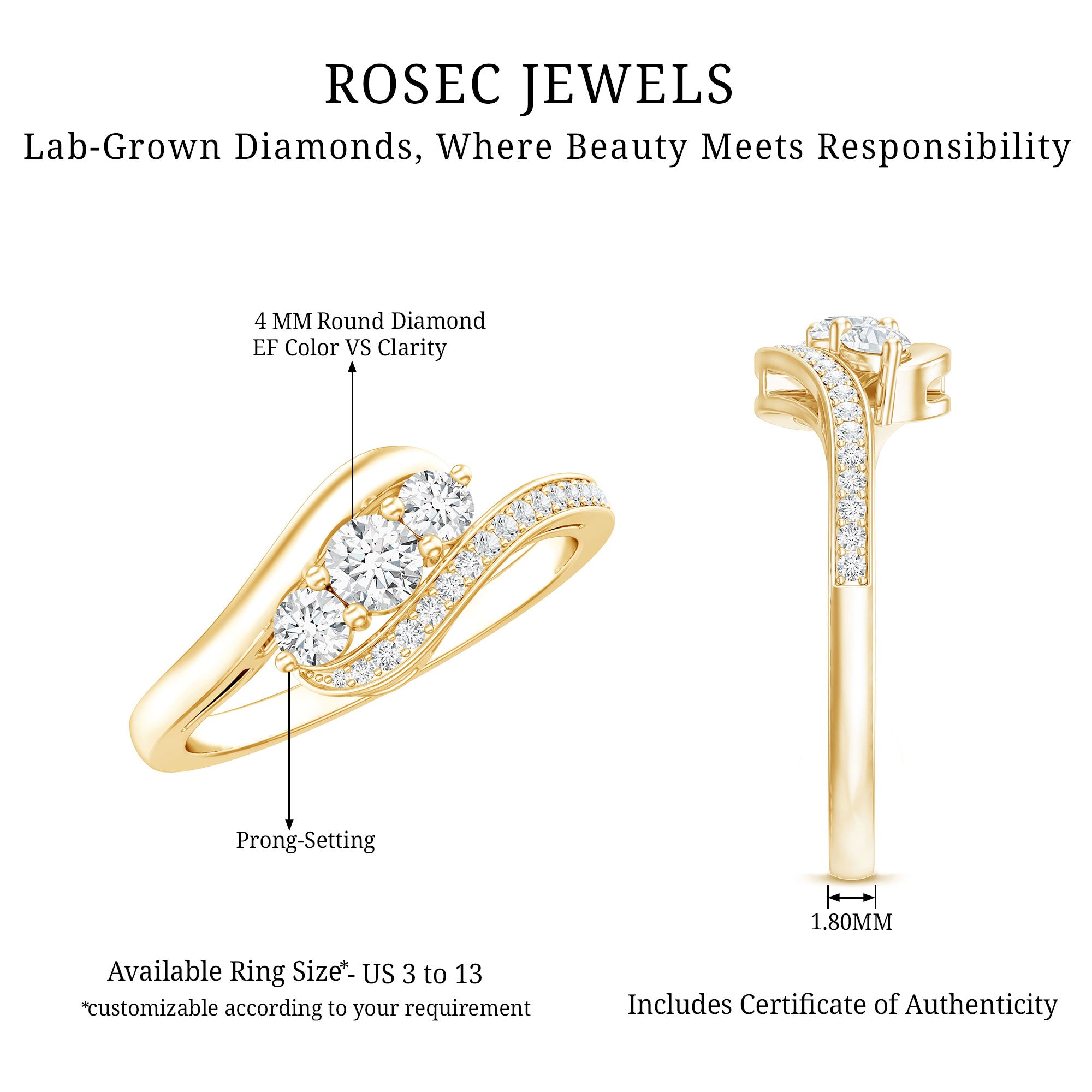 Certified Diamond 3 Stone Promise Ring Lab - ( EF-VS ) - Rosec Jewels