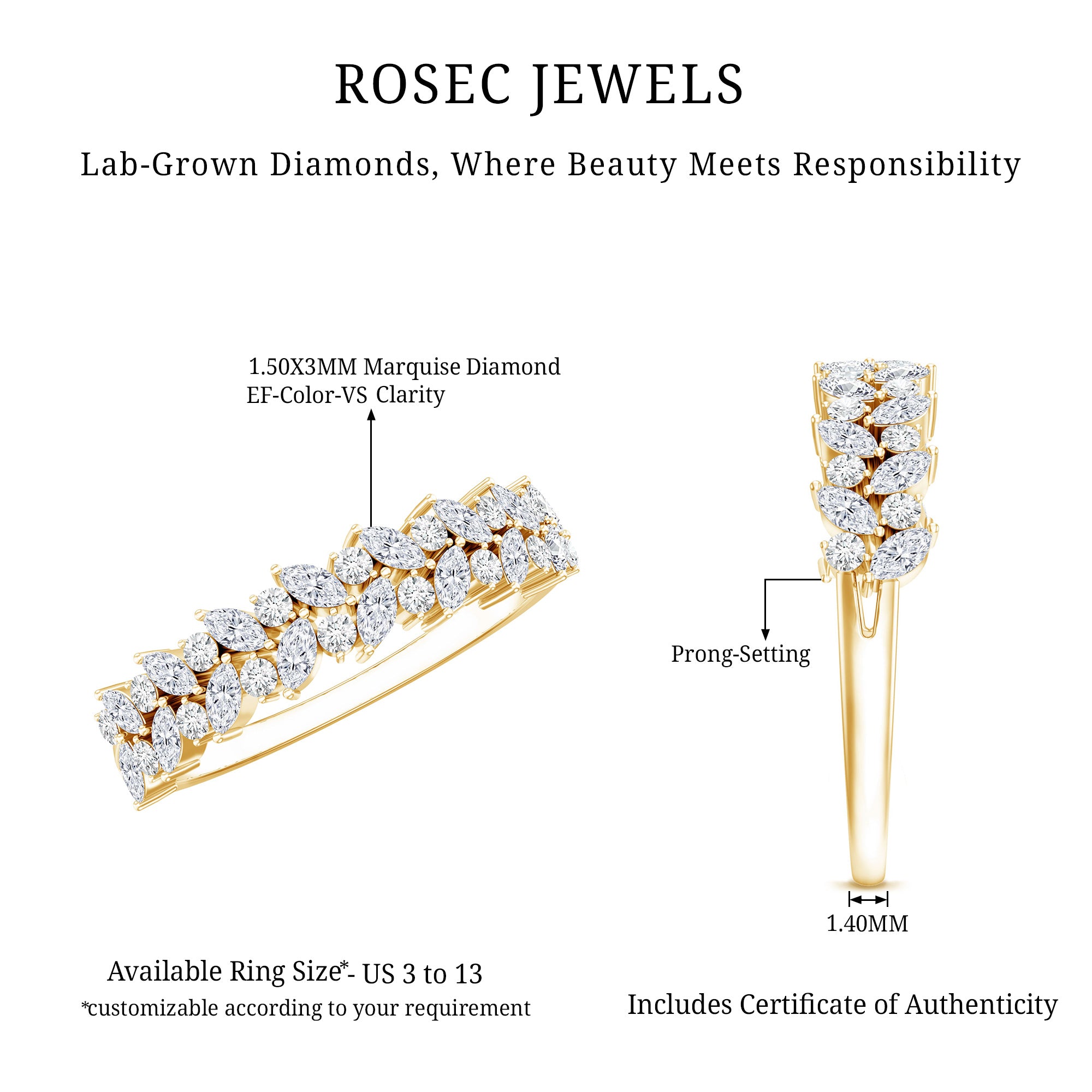 Certified Lab Grown Diamond Marquise Wedding Band Lab - ( EF-VS ) - Rosec Jewels