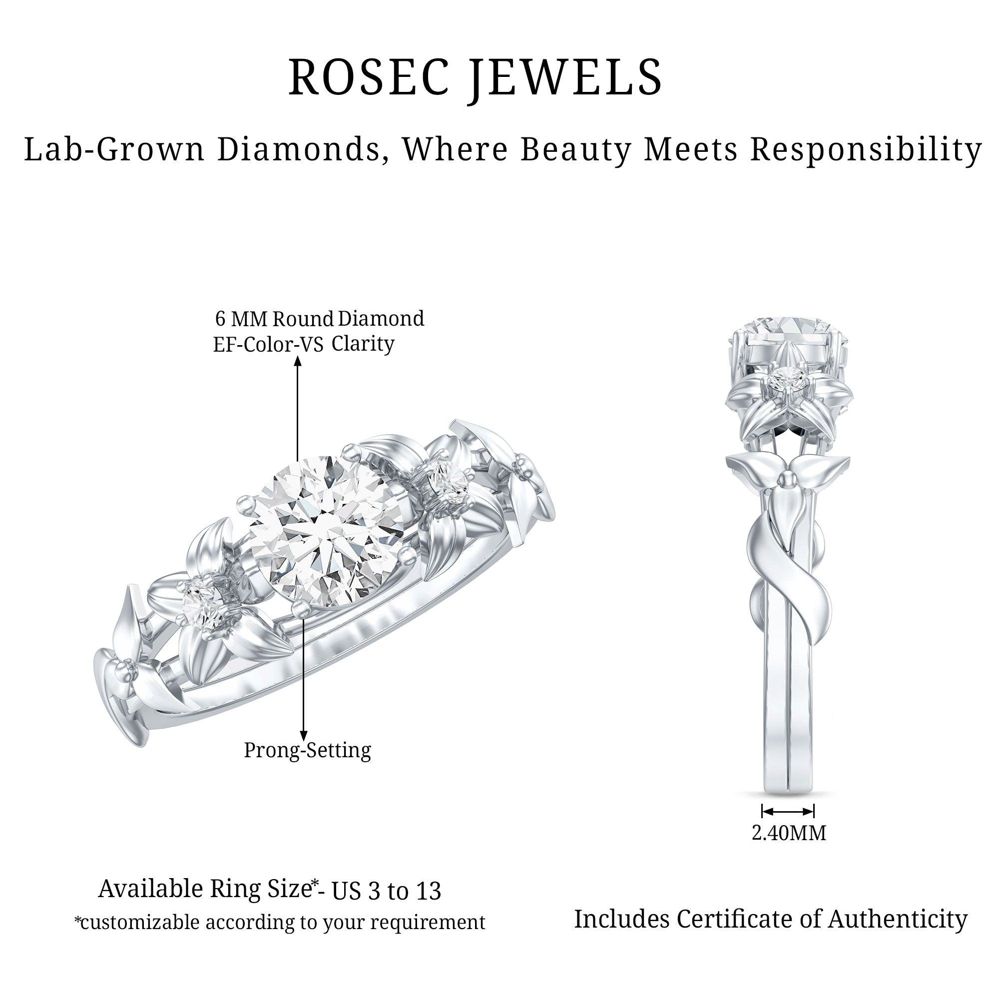 Certified 1 Ct Lab Grown Diamond Nature Engagement Ring Lab - ( EF-VS ) - Rosec Jewels